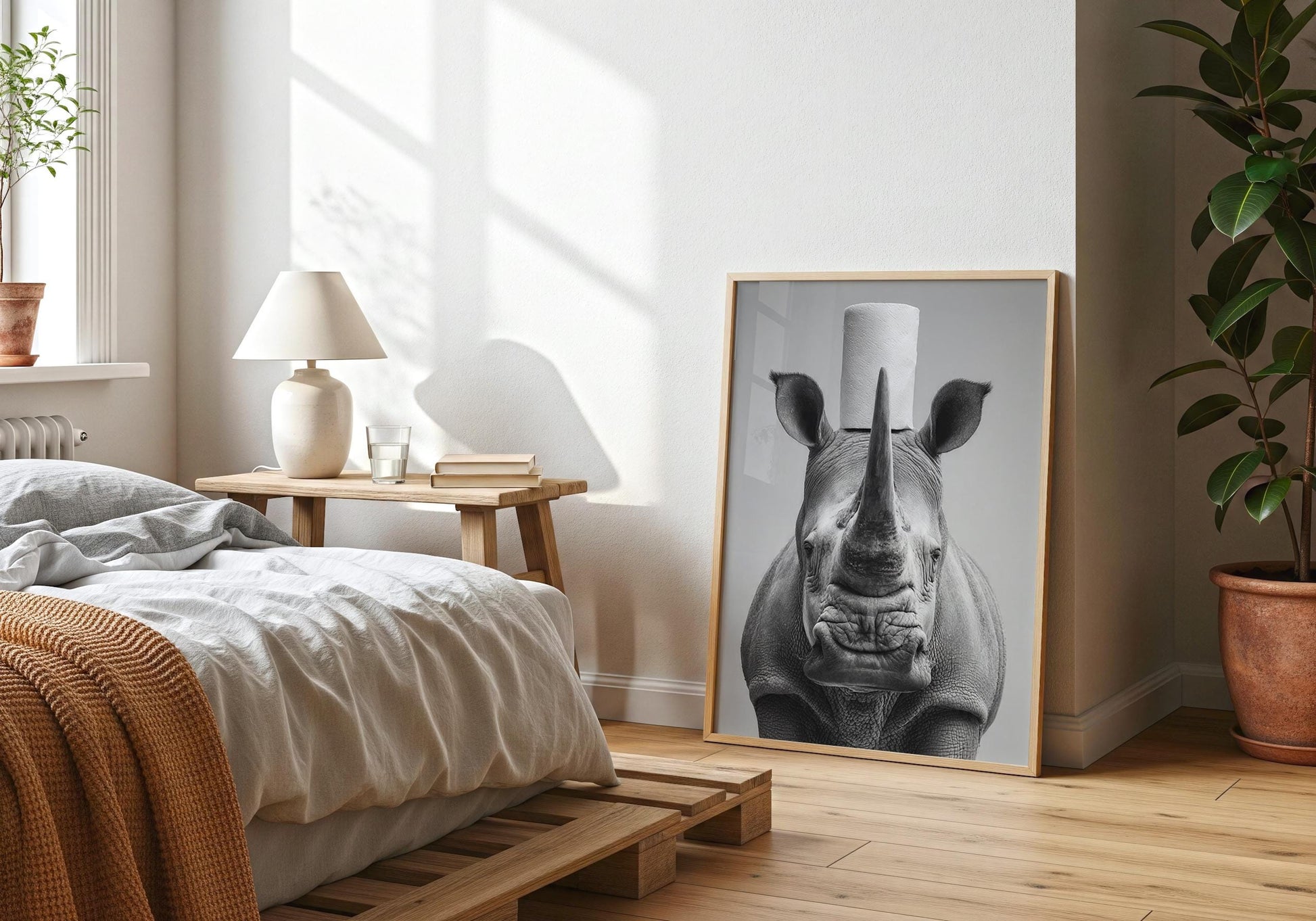 Rhino Bathroom Print - Funny Animal Toilet Wall Art, Black White Safari Bathroom Decor, Quirky Rhino Poster