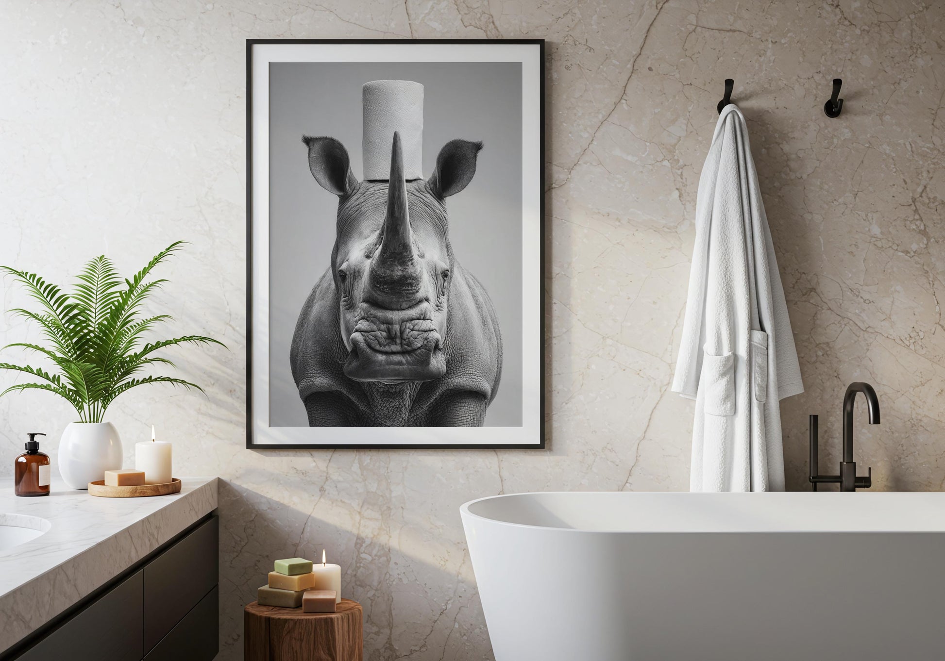 Rhino Bathroom Print - Funny Animal Toilet Wall Art, Black White Safari Bathroom Decor, Quirky Rhino Poster