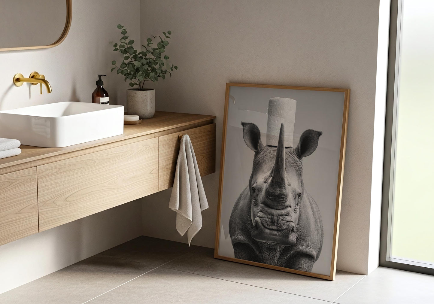 Rhino Bathroom Print - Funny Animal Toilet Wall Art, Black White Safari Bathroom Decor, Quirky Rhino Poster