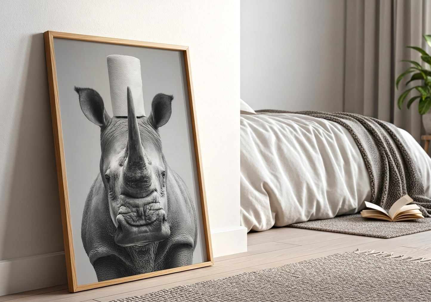 Rhino Bathroom Print - Funny Animal Toilet Wall Art, Black White Safari Bathroom Decor, Quirky Rhino Poster