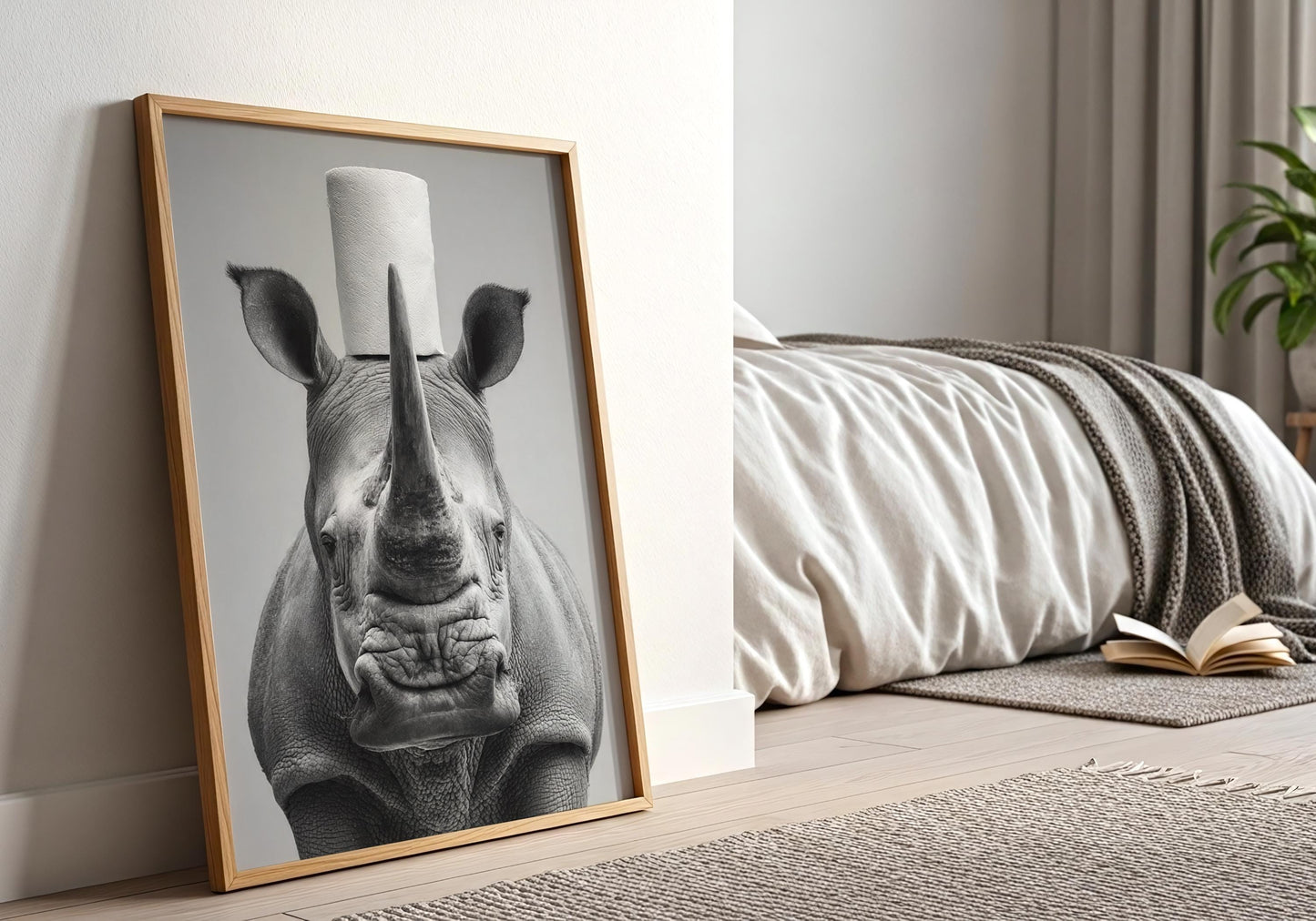 Rhino Bathroom Print - Funny Animal Toilet Wall Art, Black White Safari Bathroom Decor, Quirky Rhino Poster