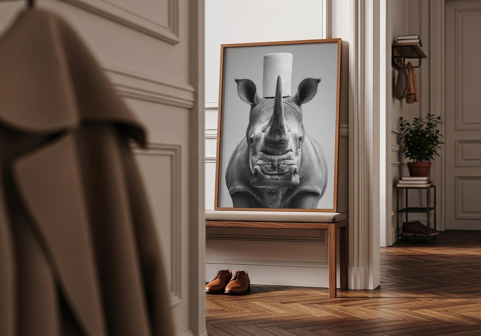 Rhino Bathroom Print - Funny Animal Toilet Wall Art, Black White Safari Bathroom Decor, Quirky Rhino Poster
