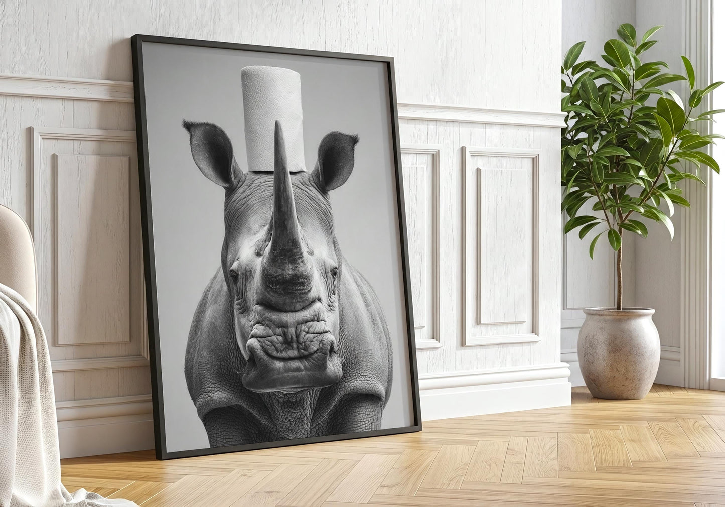 Rhino Bathroom Print - Funny Animal Toilet Wall Art, Black White Safari Bathroom Decor, Quirky Rhino Poster