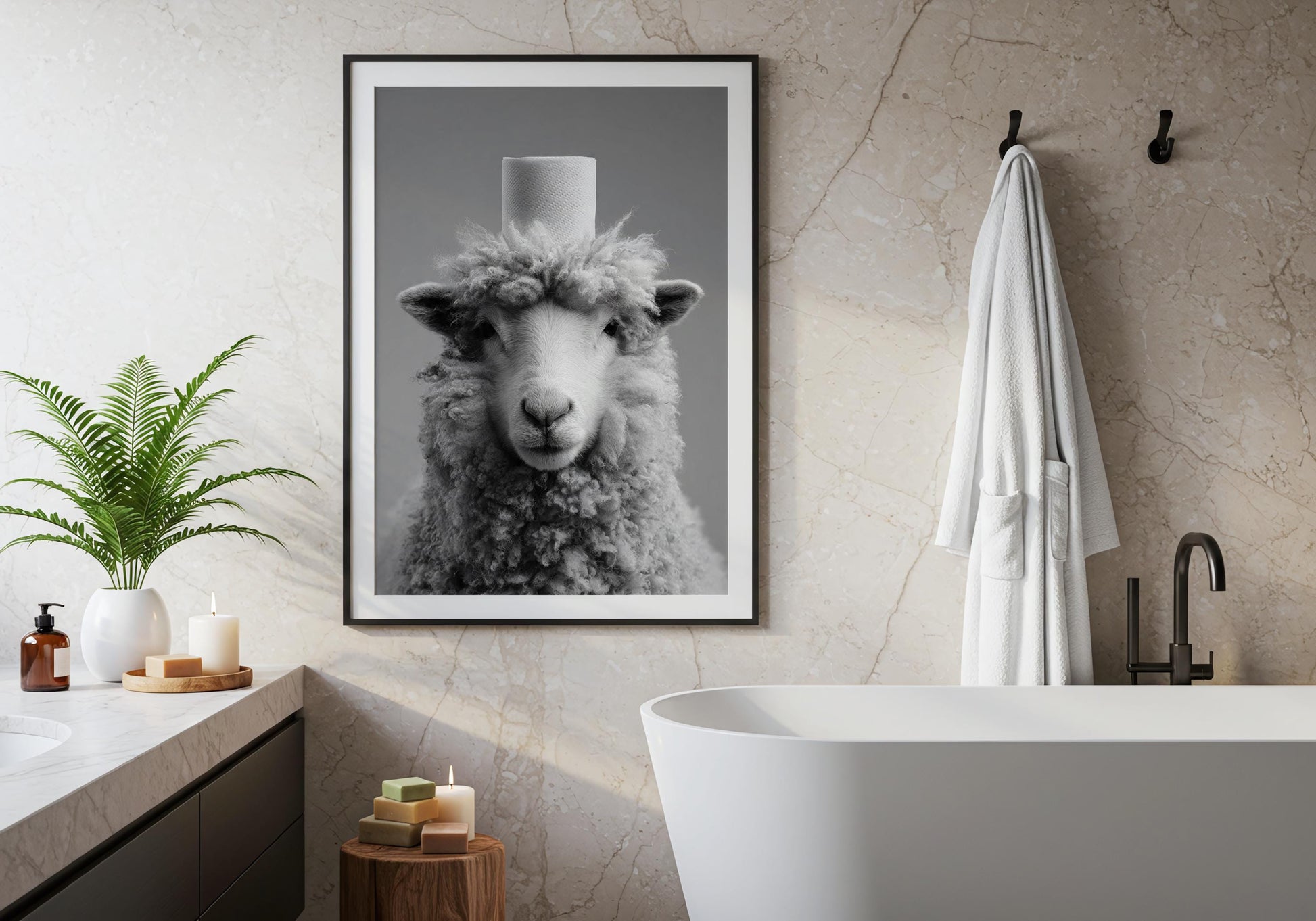Toilet art - Funny Sheep Print, Funny Farm Animal Print, Minimalist, Black and White, Sheep Art