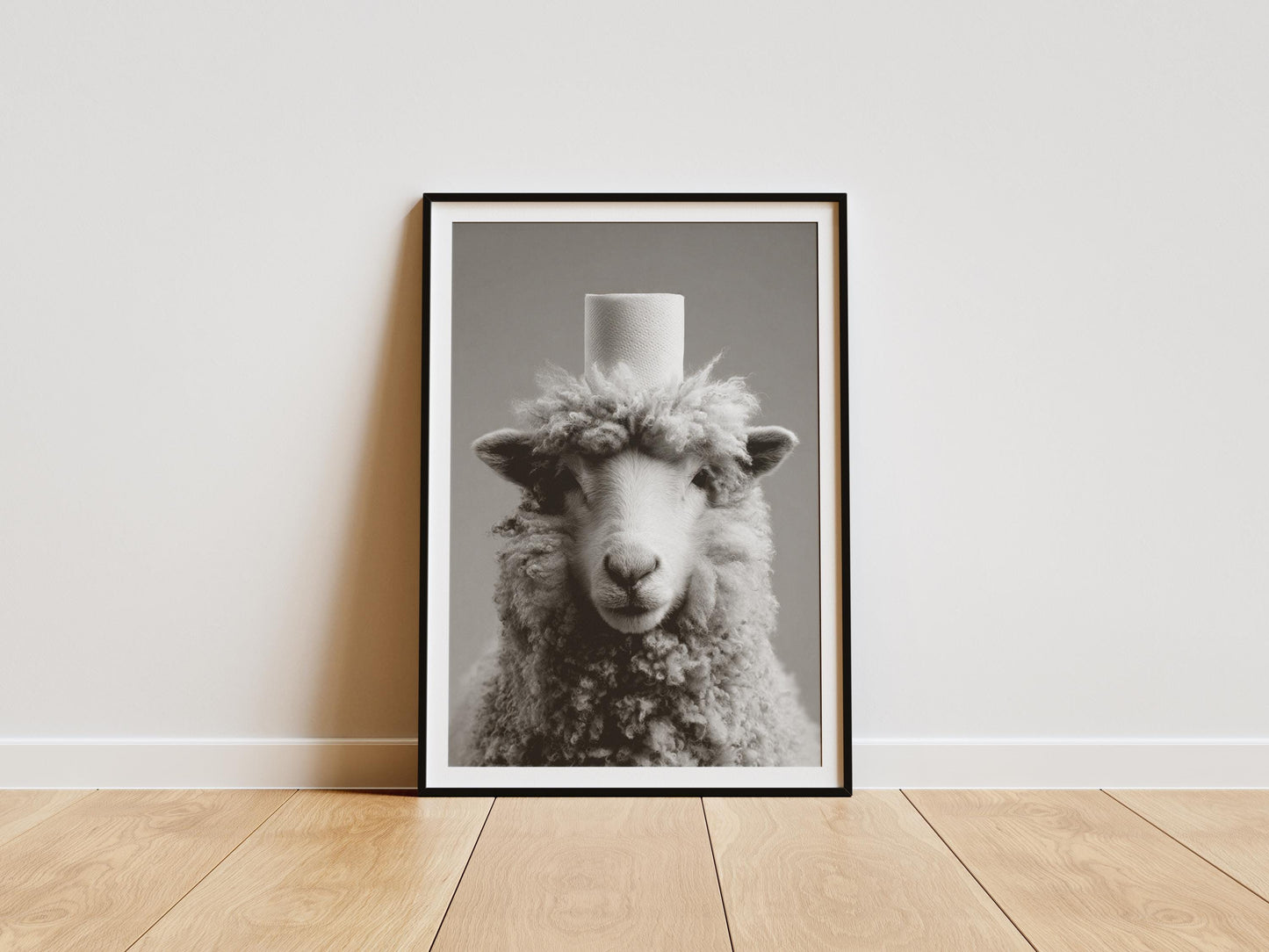 minimalist black and white sheep wearing toilet paper roll hat funny farm animal wall art