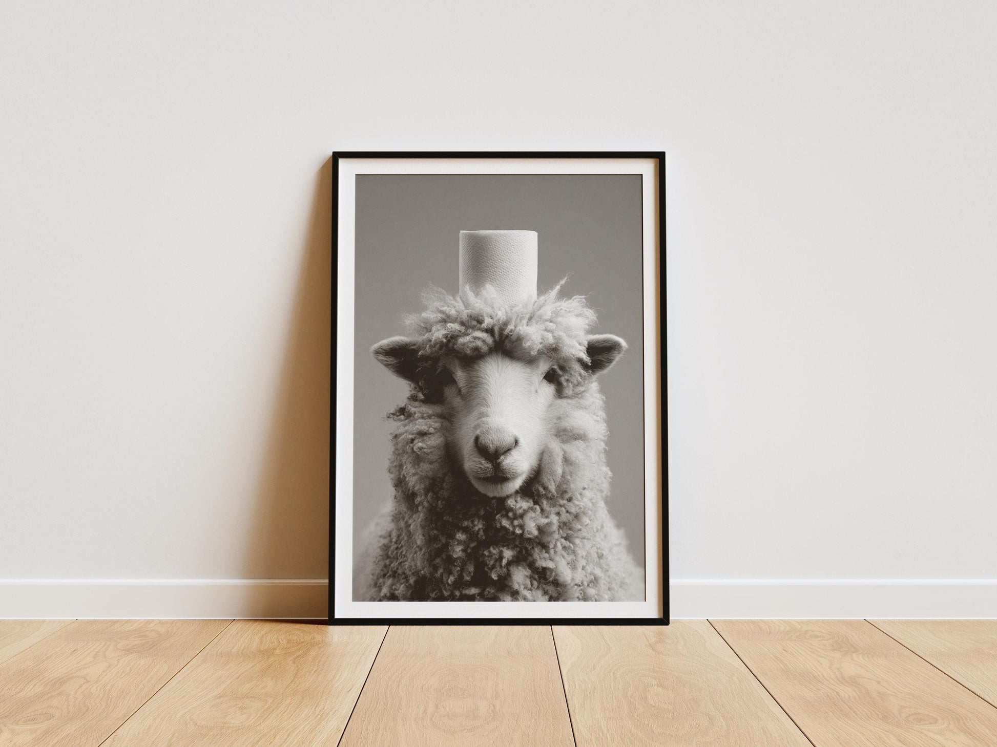 minimalist black and white sheep wearing toilet paper roll hat funny farm animal wall art