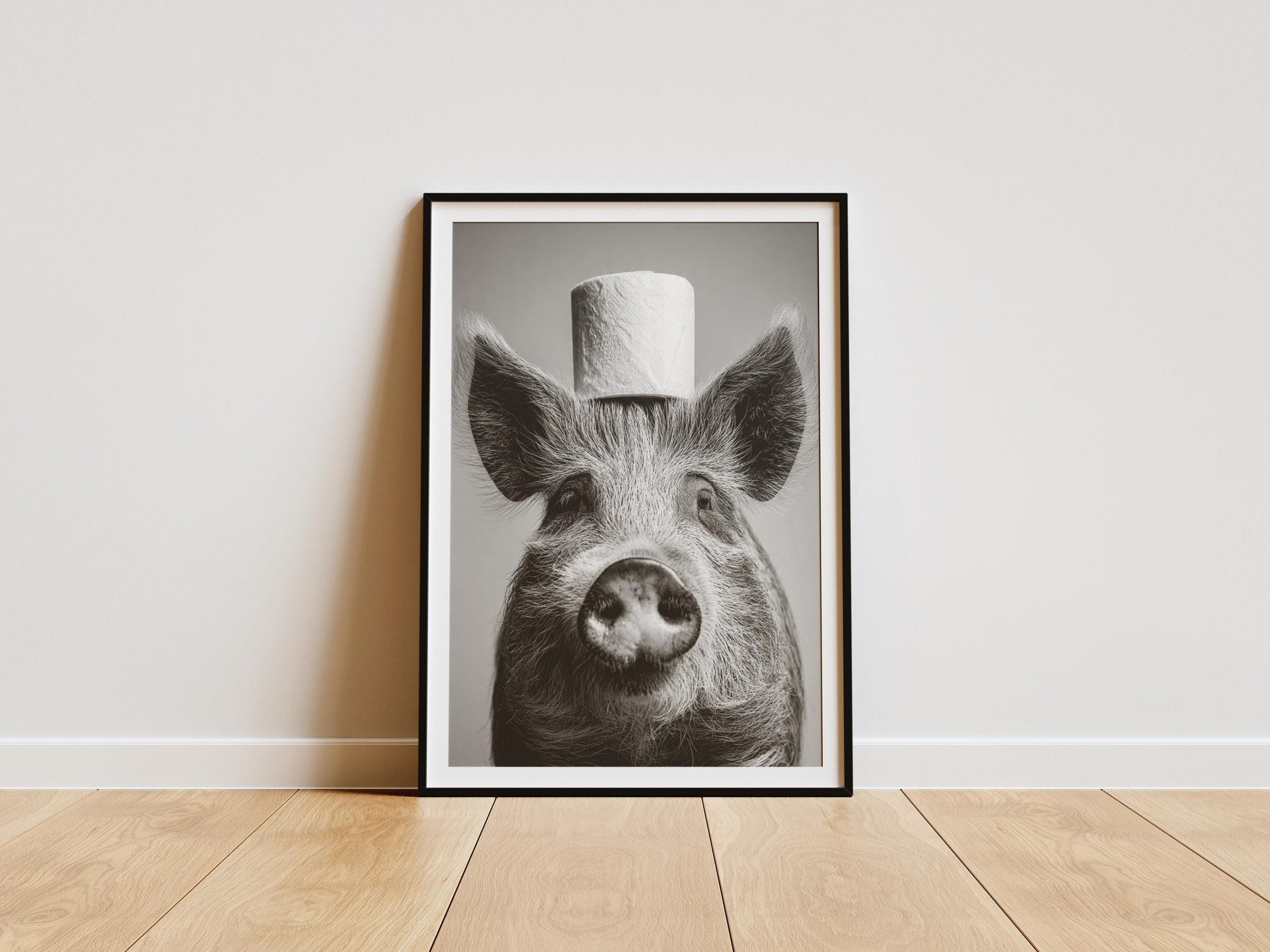 black and white funny pig wall art with toilet roll hat farmhouse print