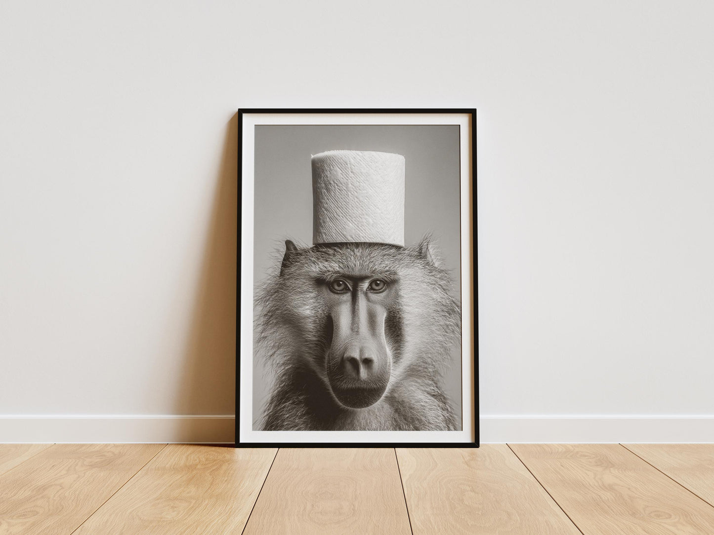 Black and white funny monkey wearing toilet paper hat wall art print