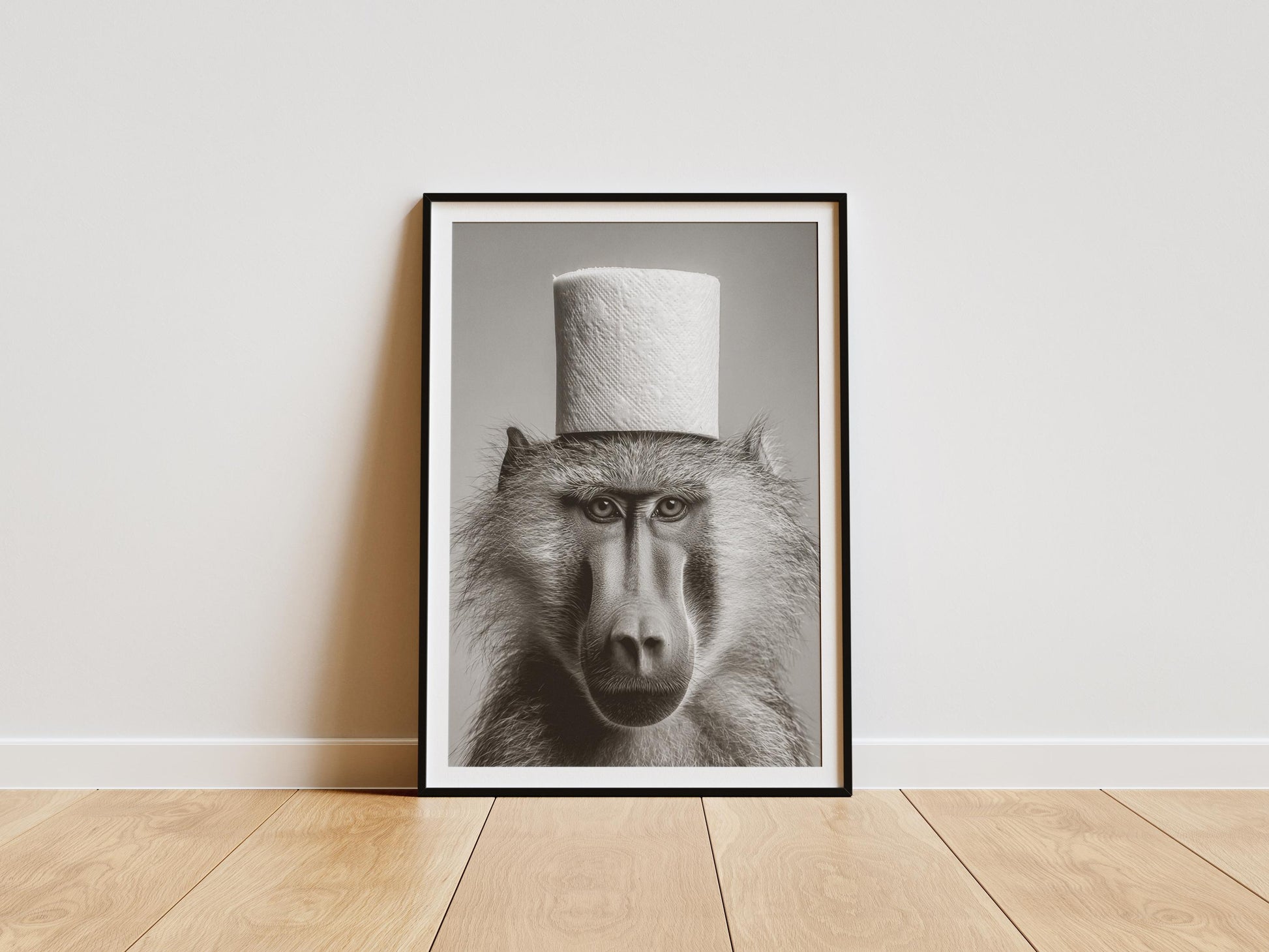 Black and white funny monkey wearing toilet paper hat wall art print
