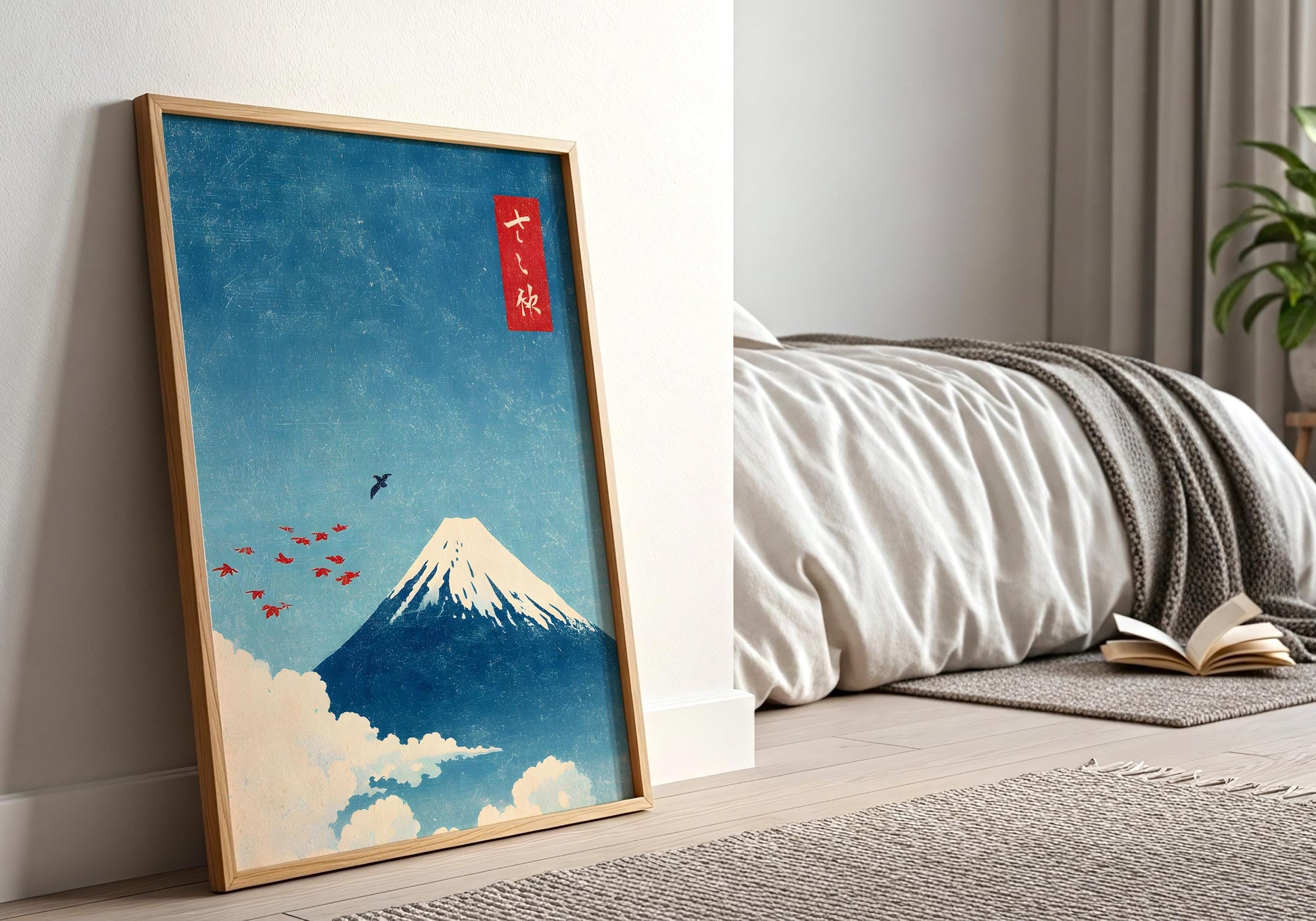 Mount Fuji Print - Japanese Wall Art, Vintage Japan Poster, Minimalist Landscape, Ukiyo-e Style, Zen Decor, Blue Red Sun