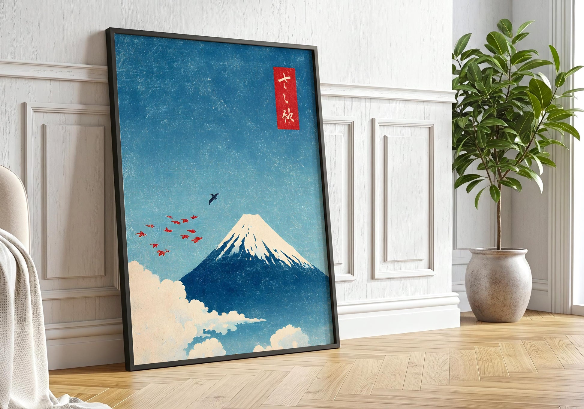 Mount Fuji Print - Japanese Wall Art, Vintage Japan Poster, Minimalist Landscape, Ukiyo-e Style, Zen Decor, Blue Red Sun