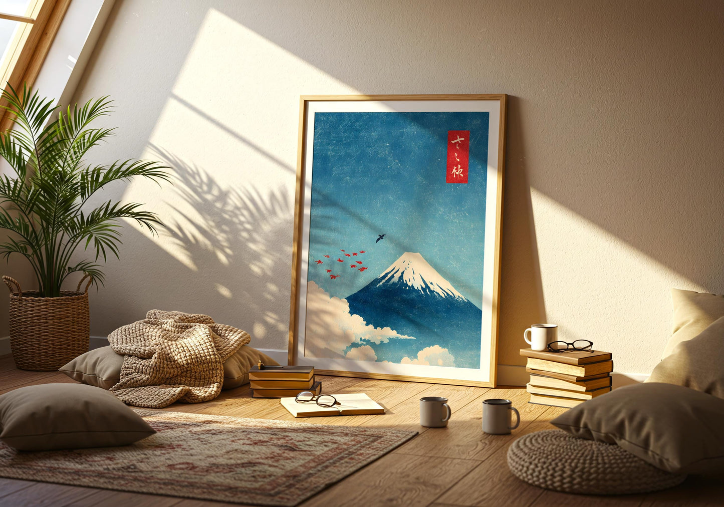 Mount Fuji Print - Japanese Wall Art, Vintage Japan Poster, Minimalist Landscape, Ukiyo-e Style, Zen Decor, Blue Red Sun