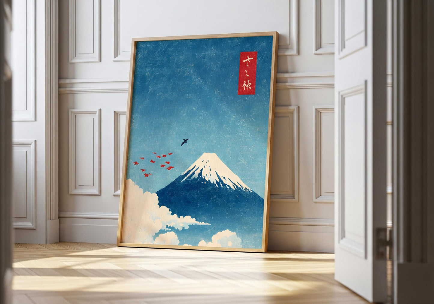 Mount Fuji Print - Japanese Wall Art, Vintage Japan Poster, Minimalist Landscape, Ukiyo-e Style, Zen Decor, Blue Red Sun