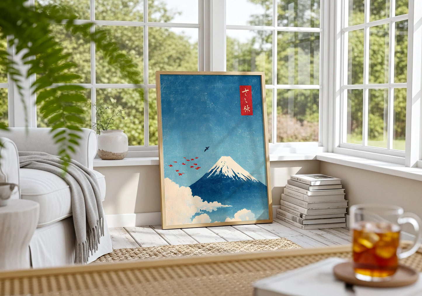 Mount Fuji Print - Japanese Wall Art, Vintage Japan Poster, Minimalist Landscape, Ukiyo-e Style, Zen Decor, Blue Red Sun