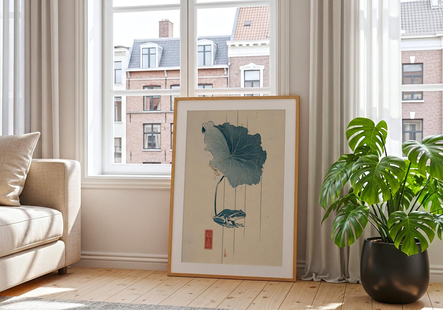 Frog Poster - Japanese Style Wall Art, Minimalist Frog Illustration, Zen Nature Print, Linework Botanical Decor
