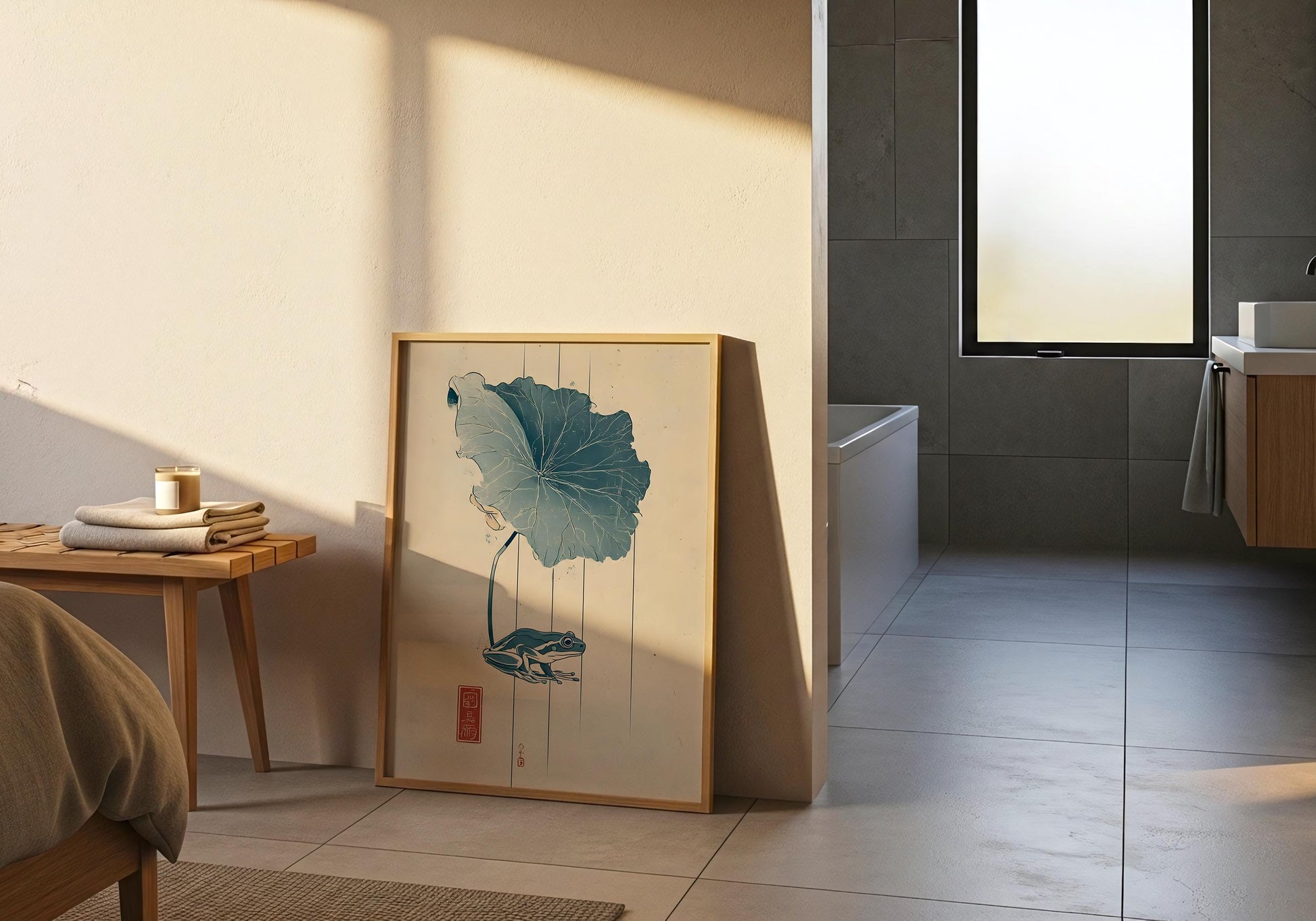Frog Poster - Japanese Style Wall Art, Minimalist Frog Illustration, Zen Nature Print, Linework Botanical Decor