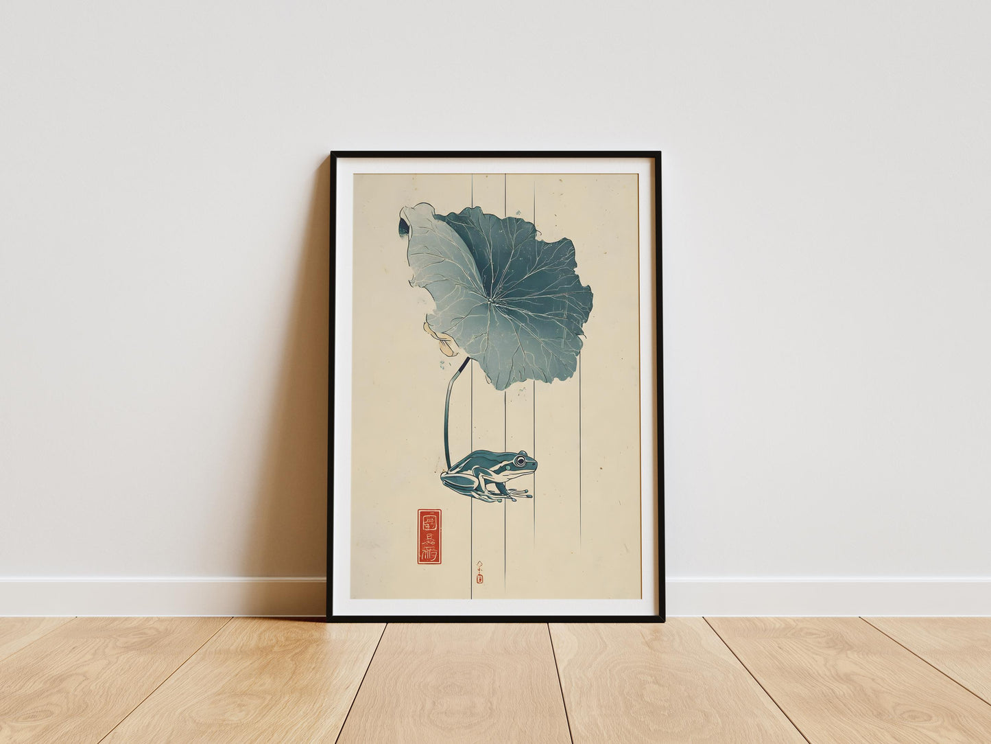 minimalist japanese frog poster with leaf linework style