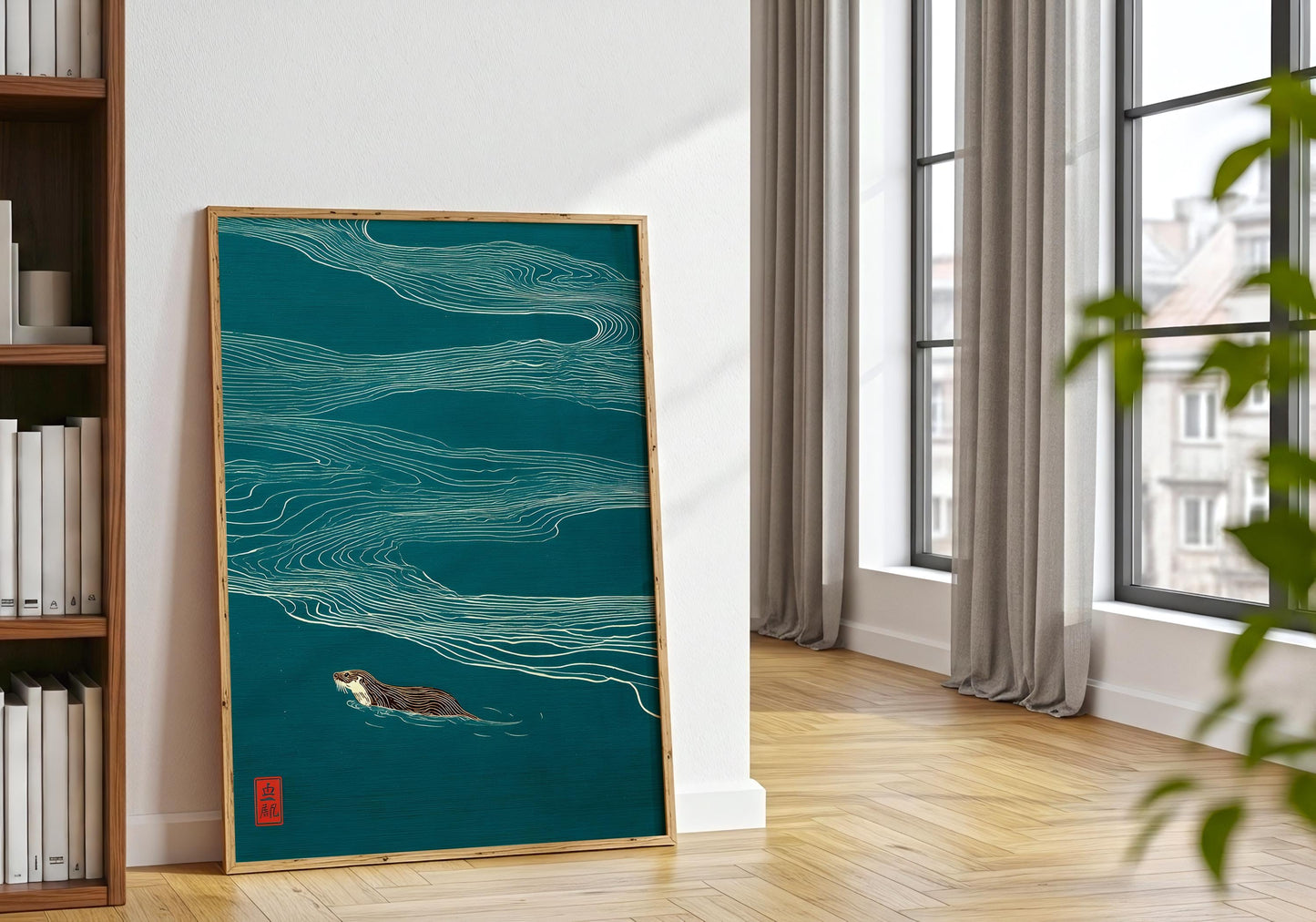 Otter Wall Art - Minimalist Japanese Print - Nature Lovers Gift