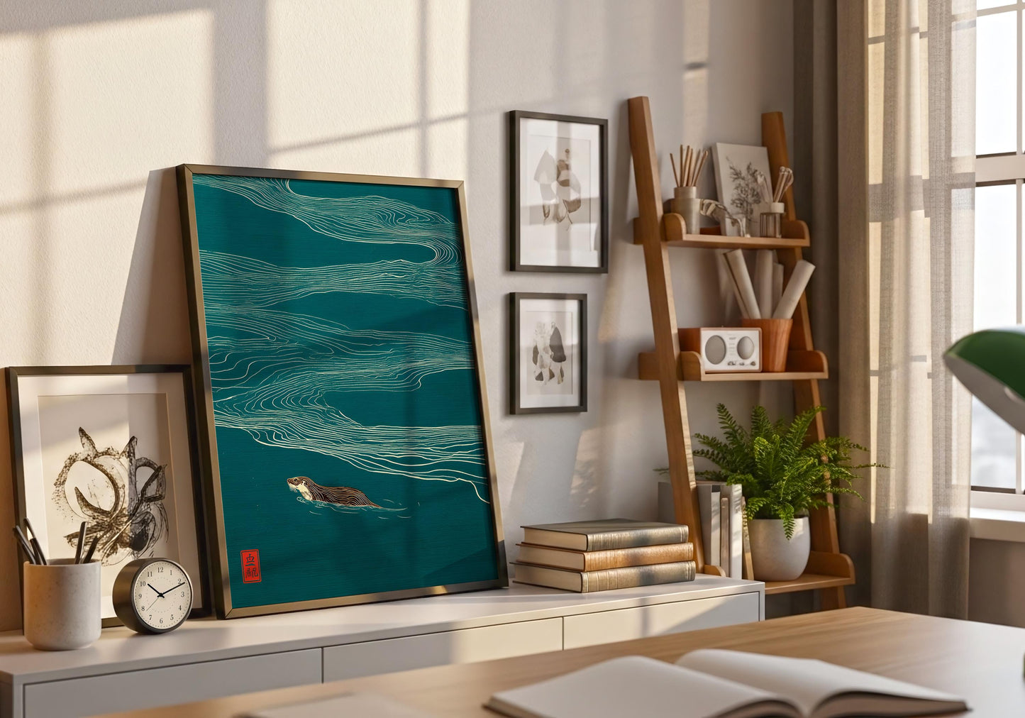 Otter Wall Art - Minimalist Japanese Print - Nature Lovers Gift