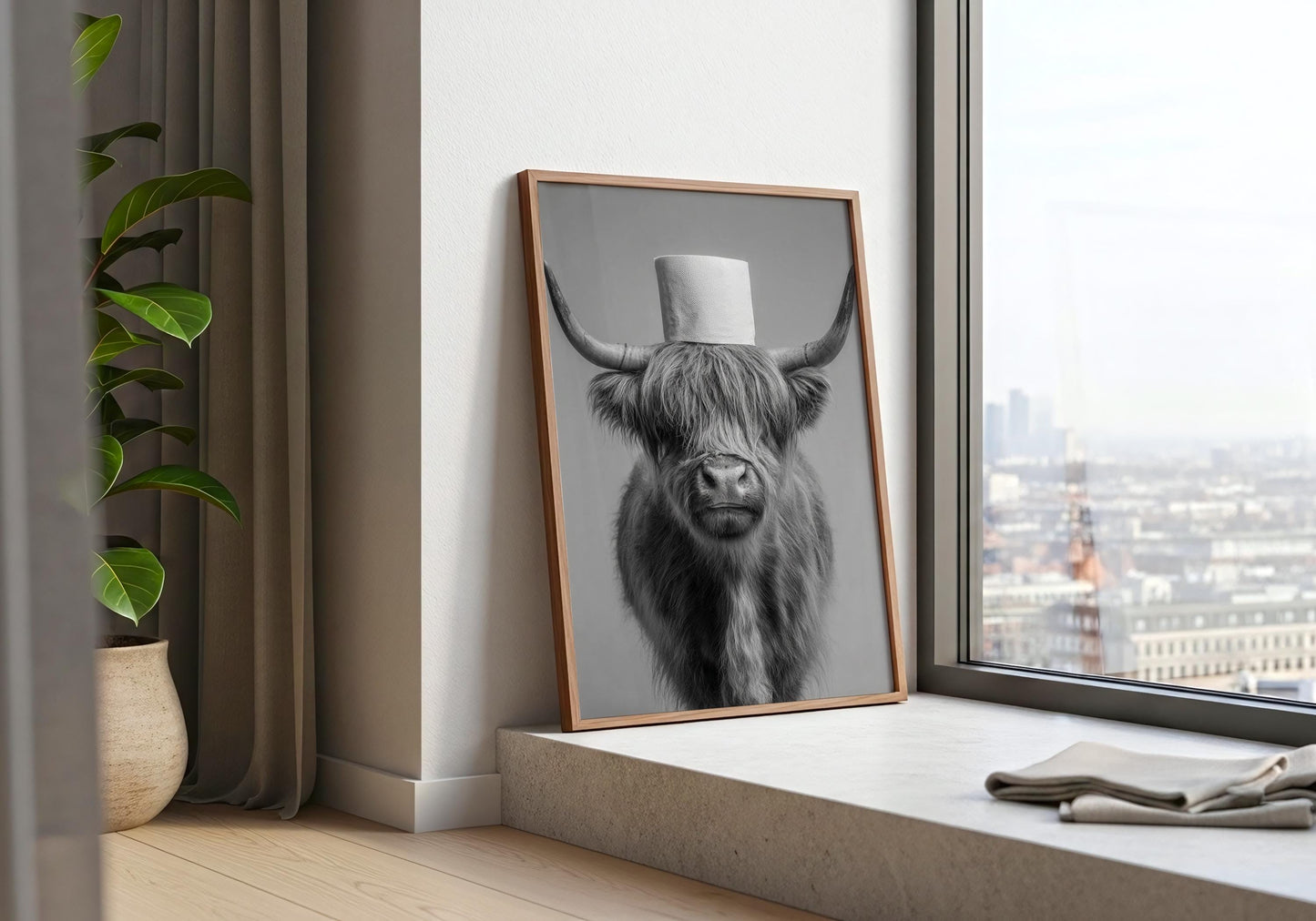 Highland Cow Bathroom Print - Funny Toilet Wall Art, Rustic Farm Animal Poster, Black White Cow Decor