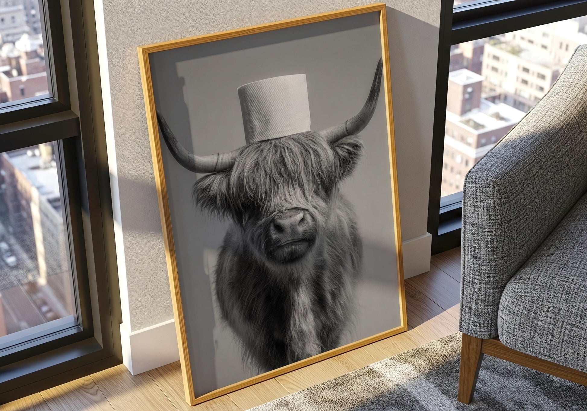 Highland Cow Bathroom Print - Funny Toilet Wall Art, Rustic Farm Animal Poster, Black White Cow Decor