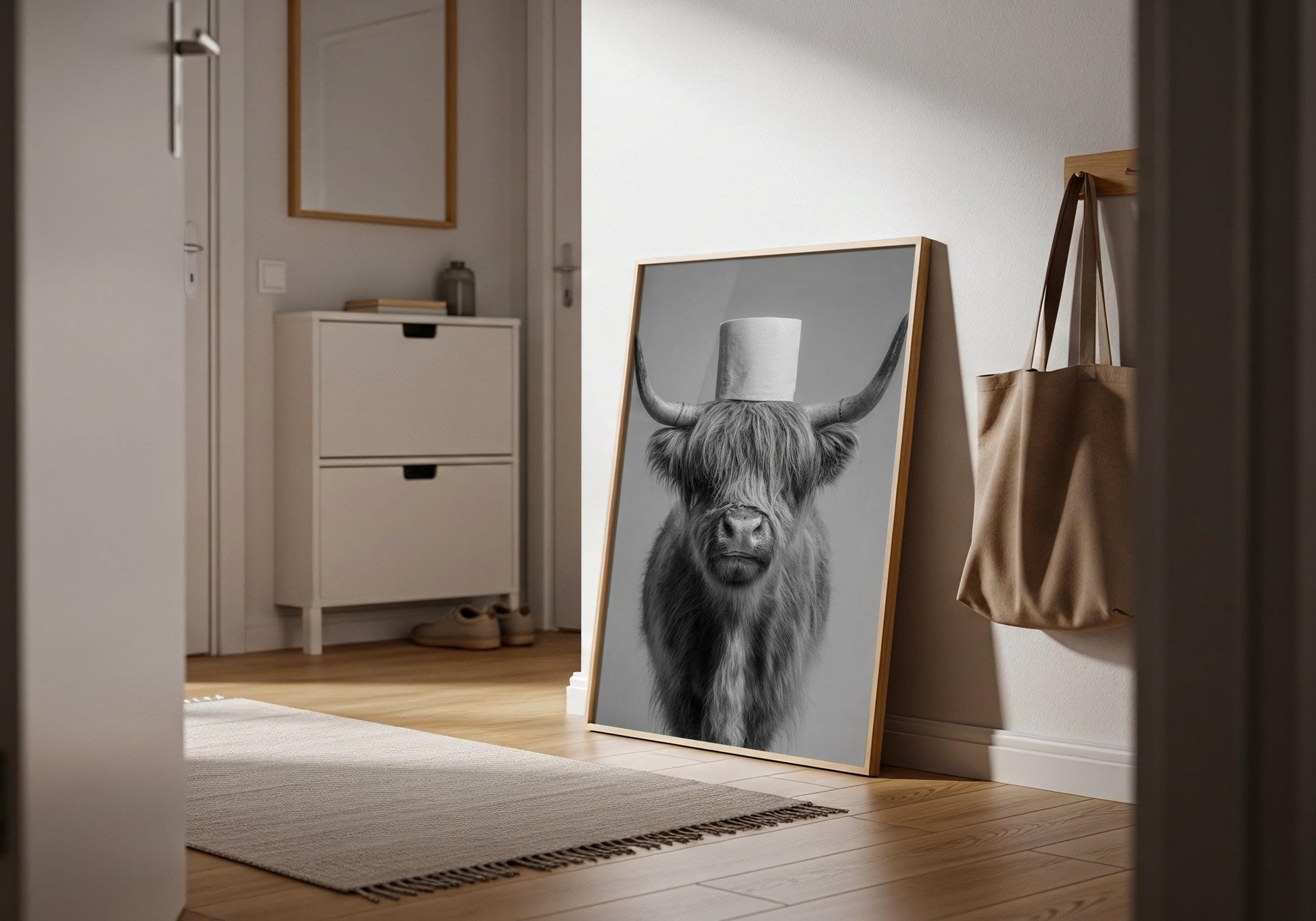 Highland Cow Bathroom Print - Funny Toilet Wall Art, Rustic Farm Animal Poster, Black White Cow Decor