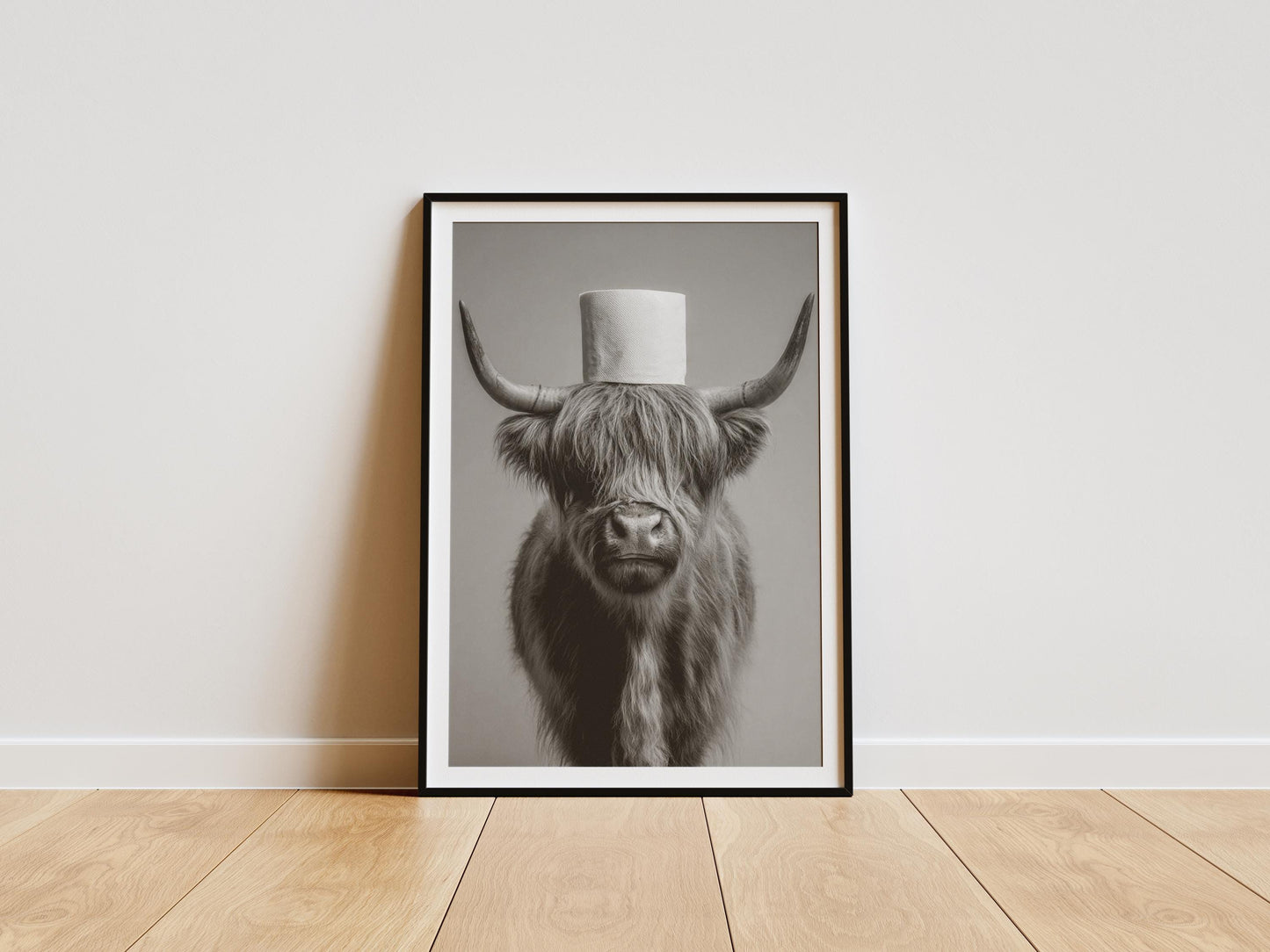 Funny highland cow bathroom print with toilet paper on head black and white wall art
