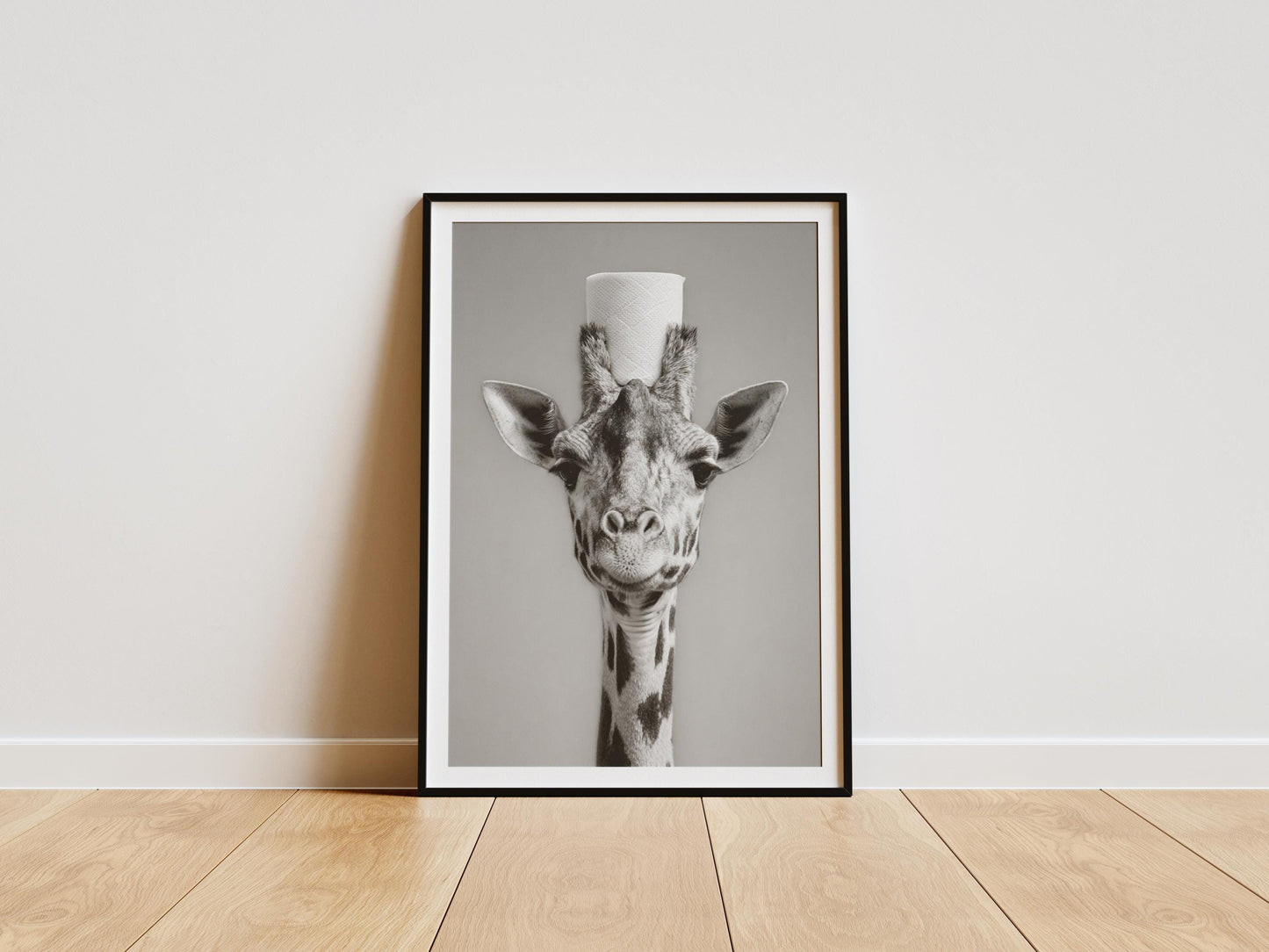 funny giraffe bathroom print with toilet paper roll on head black and white wall art