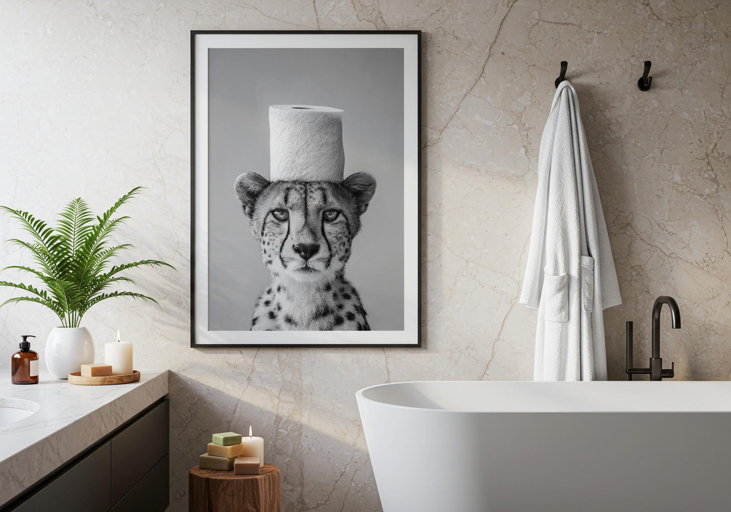 Cheetah Bathroom Print - Funny Animal Toilet Wall Art, Black White Safari Bathroom Decor, Minimalist Poster