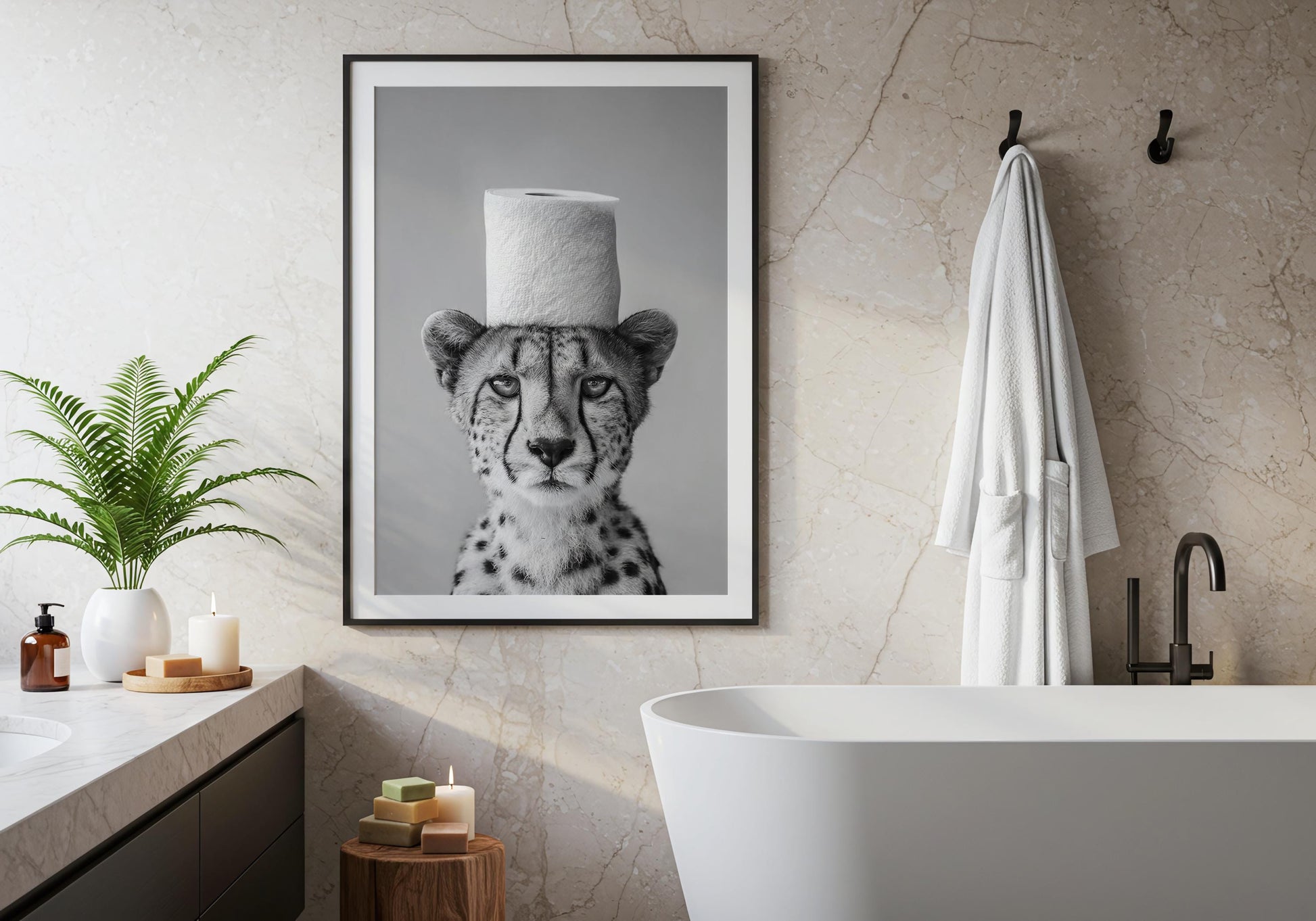 Cheetah Bathroom Print - Funny Animal Toilet Wall Art, Black White Safari Bathroom Decor, Minimalist Poster