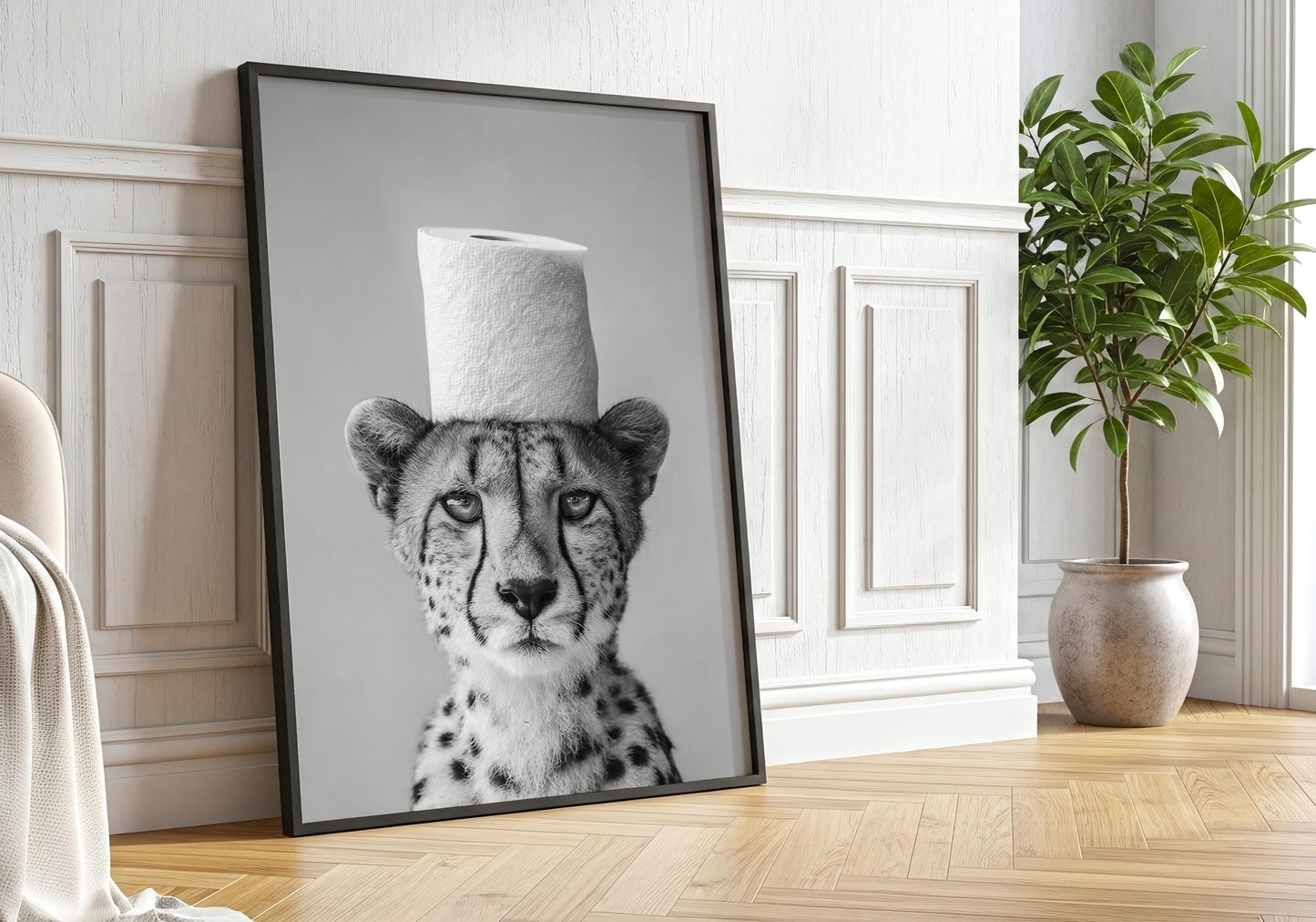 Cheetah Bathroom Print - Funny Animal Toilet Wall Art, Black White Safari Bathroom Decor, Minimalist Poster