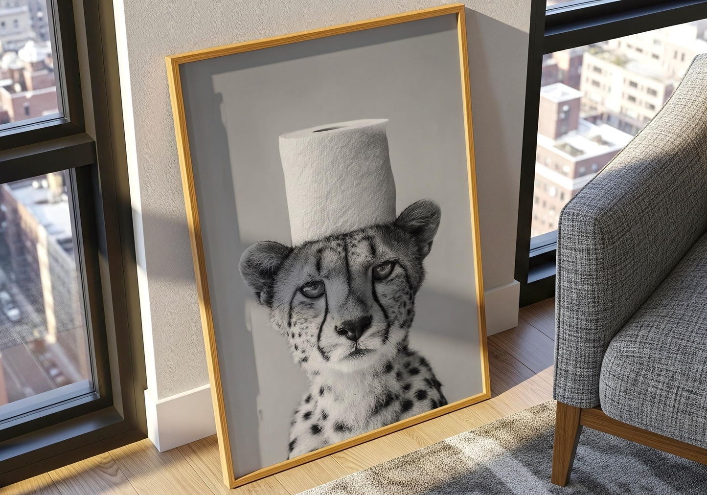 Cheetah Bathroom Print - Funny Animal Toilet Wall Art, Black White Safari Bathroom Decor, Minimalist Poster