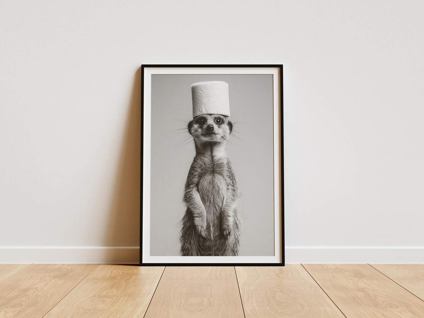 Funny meerkat bathroom print with toilet paper roll on head black and white wall art