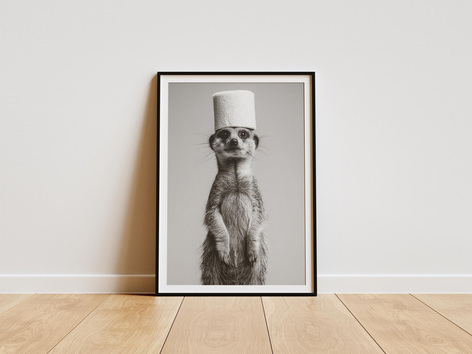 Funny meerkat bathroom print with toilet paper roll on head black and white wall art