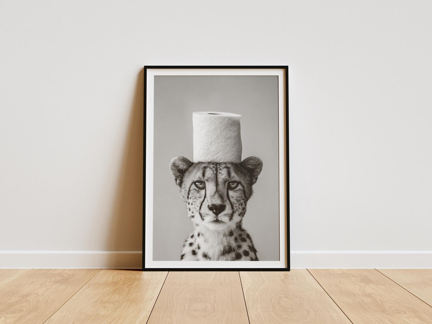 Funny cheetah bathroom print with toilet paper roll on head black and white wall art