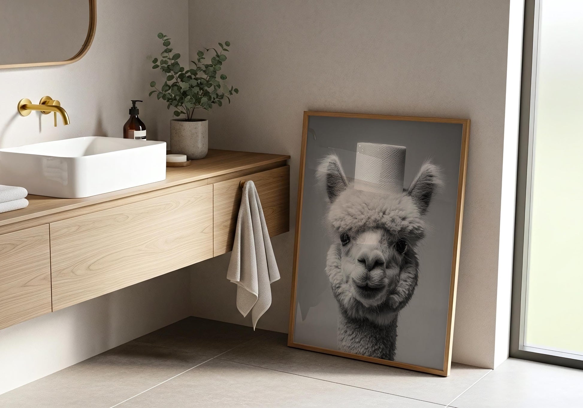 Alpaca Bathroom Print - Funny Animal Toilet Wall Art Black White Farm Bathroom Decor Cute Alpaca Poster
