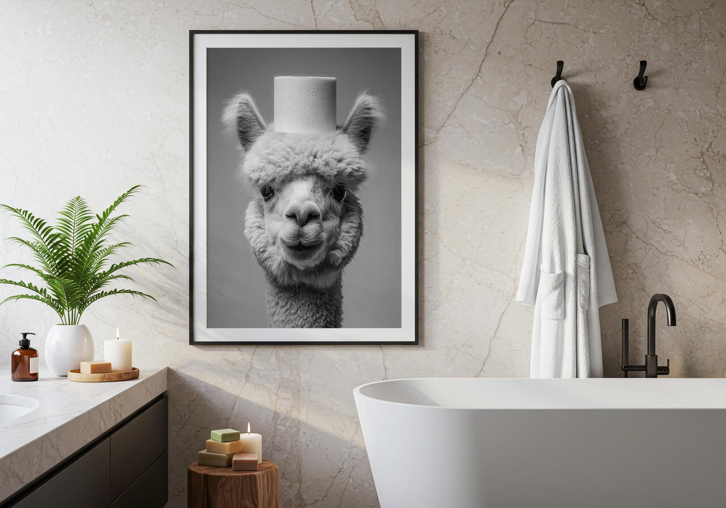 Alpaca Bathroom Print - Funny Animal Toilet Wall Art Black White Farm Bathroom Decor Cute Alpaca Poster