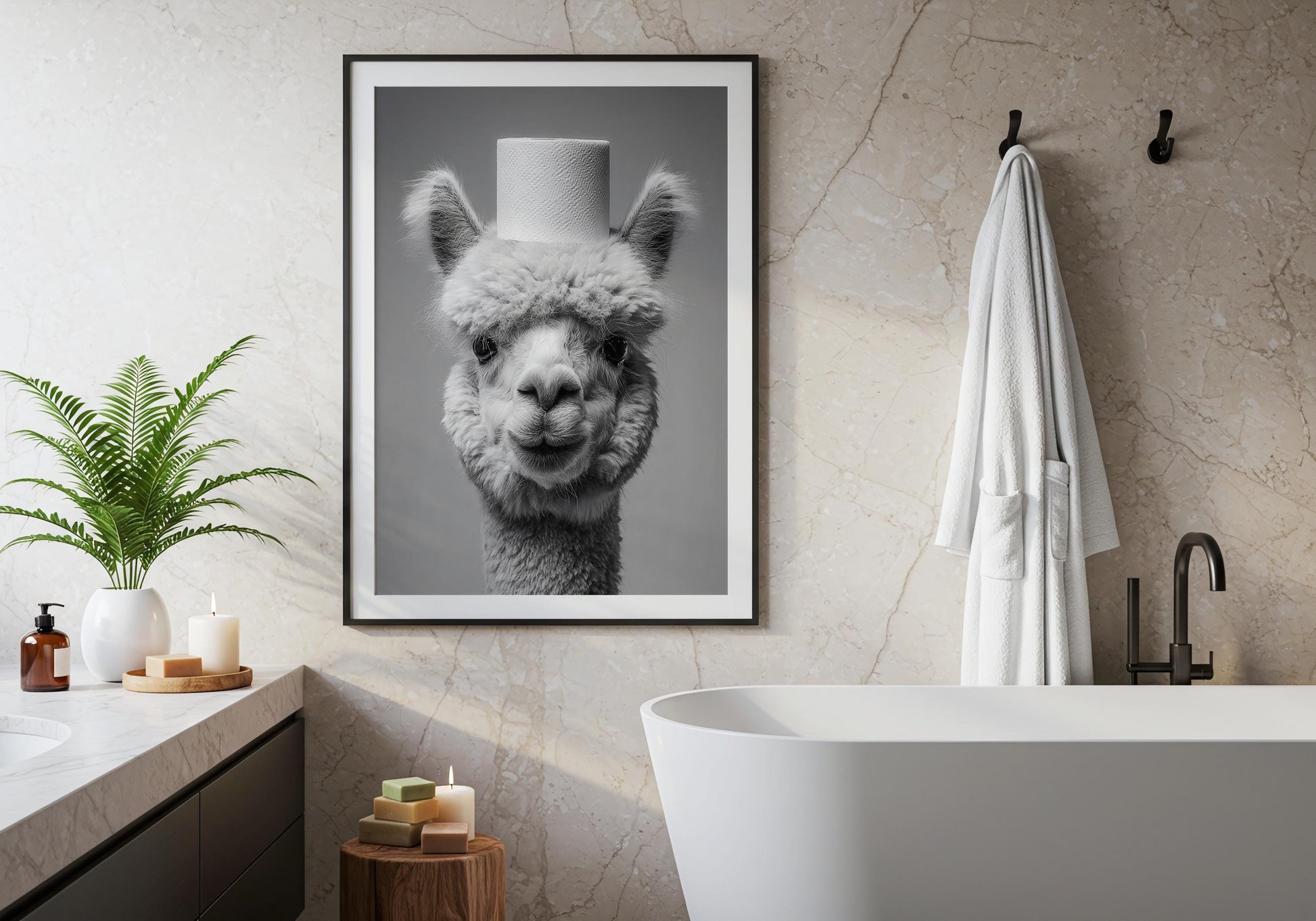 Alpaca Bathroom Print - Funny Animal Toilet Wall Art Black White Farm Bathroom Decor Cute Alpaca Poster