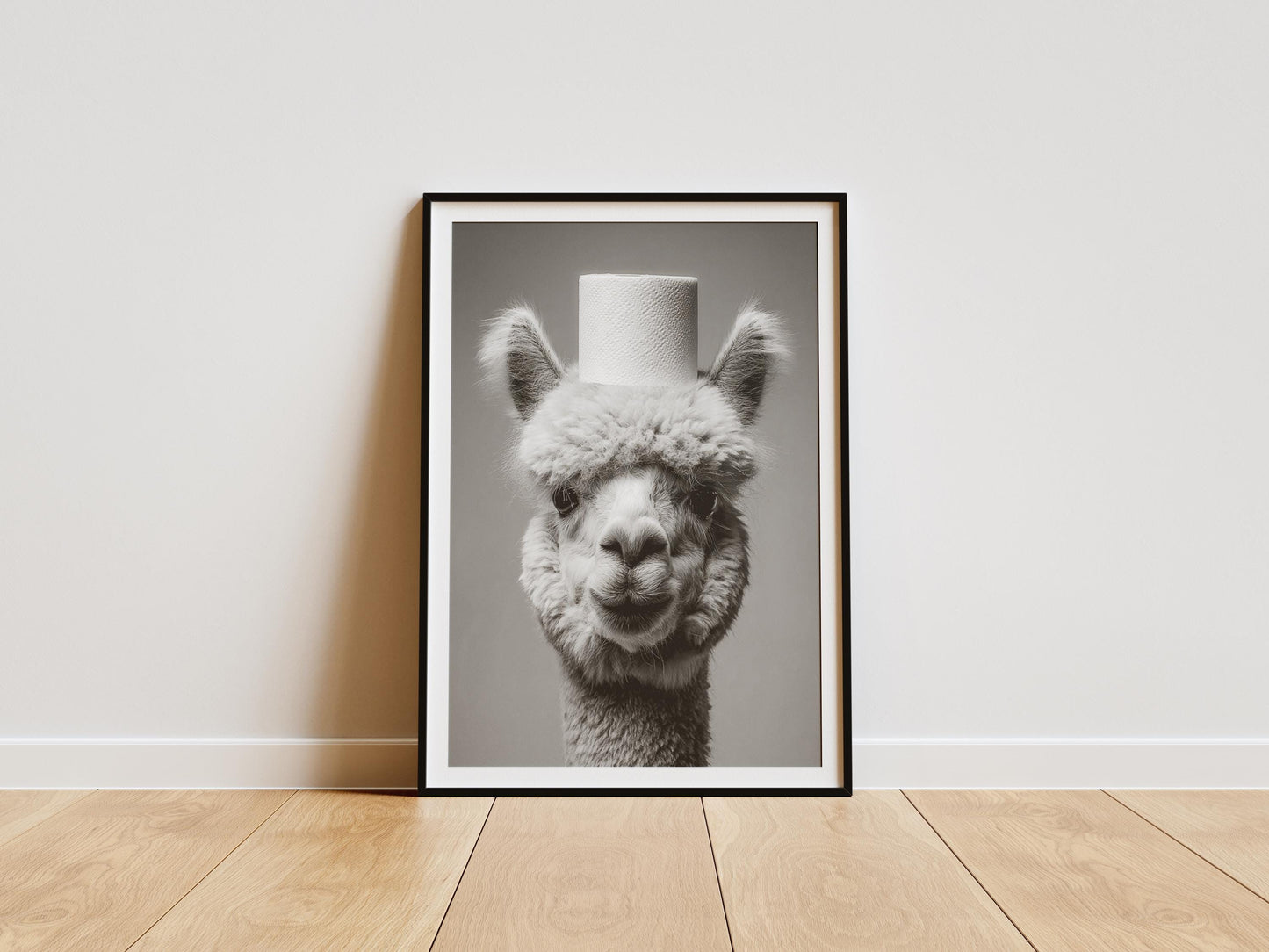 Funny alpaca bathroom print with toilet paper roll on head black and white wall art