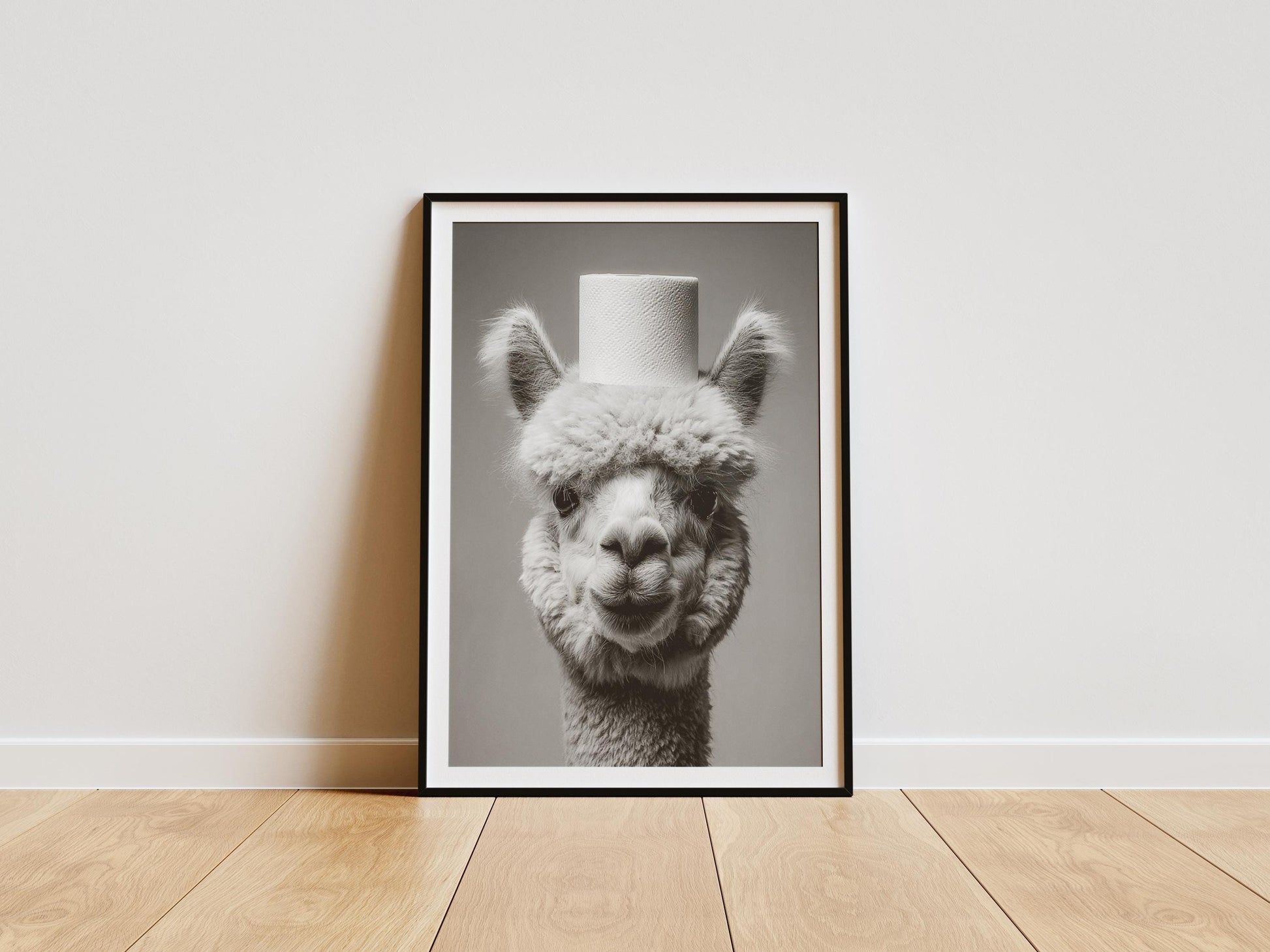 Funny alpaca bathroom print with toilet paper roll on head black and white wall art
