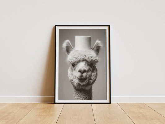 Funny alpaca bathroom print with toilet paper roll on head black and white wall art