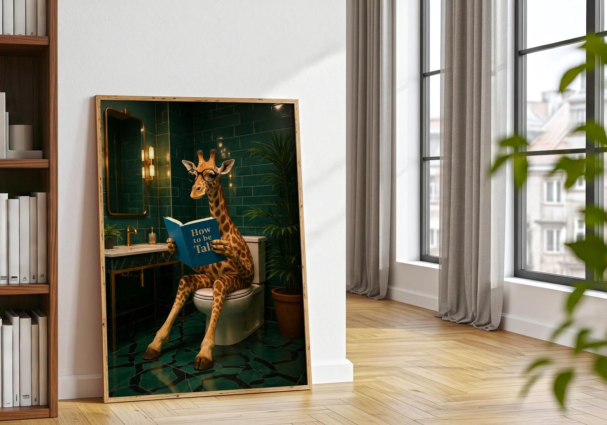 Funny Giraffe Art - Giraffe bathroom decor, downstairs toilet, funny Giraffe print, animal on toilet poster, cloakroom wall art