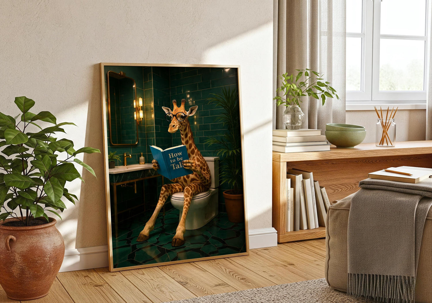 Funny Giraffe Art - Giraffe bathroom decor, downstairs toilet, funny Giraffe print, animal on toilet poster, cloakroom wall art