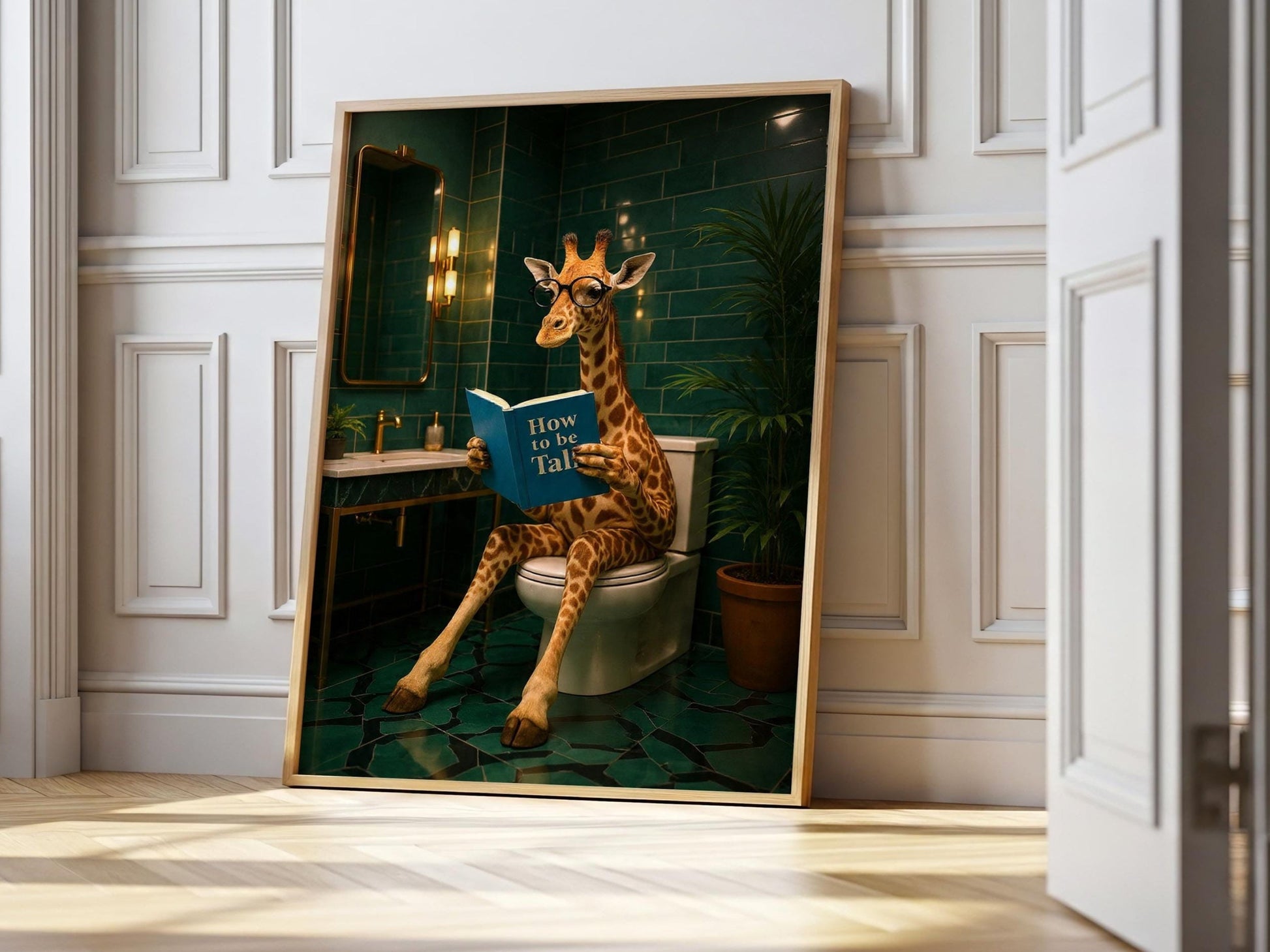 Framed art print of a giraffe with glasses sitting on a toilet in an emerald green luxury bathroom, reading a blue book titled How to be Tall, with gold fixtures and plants