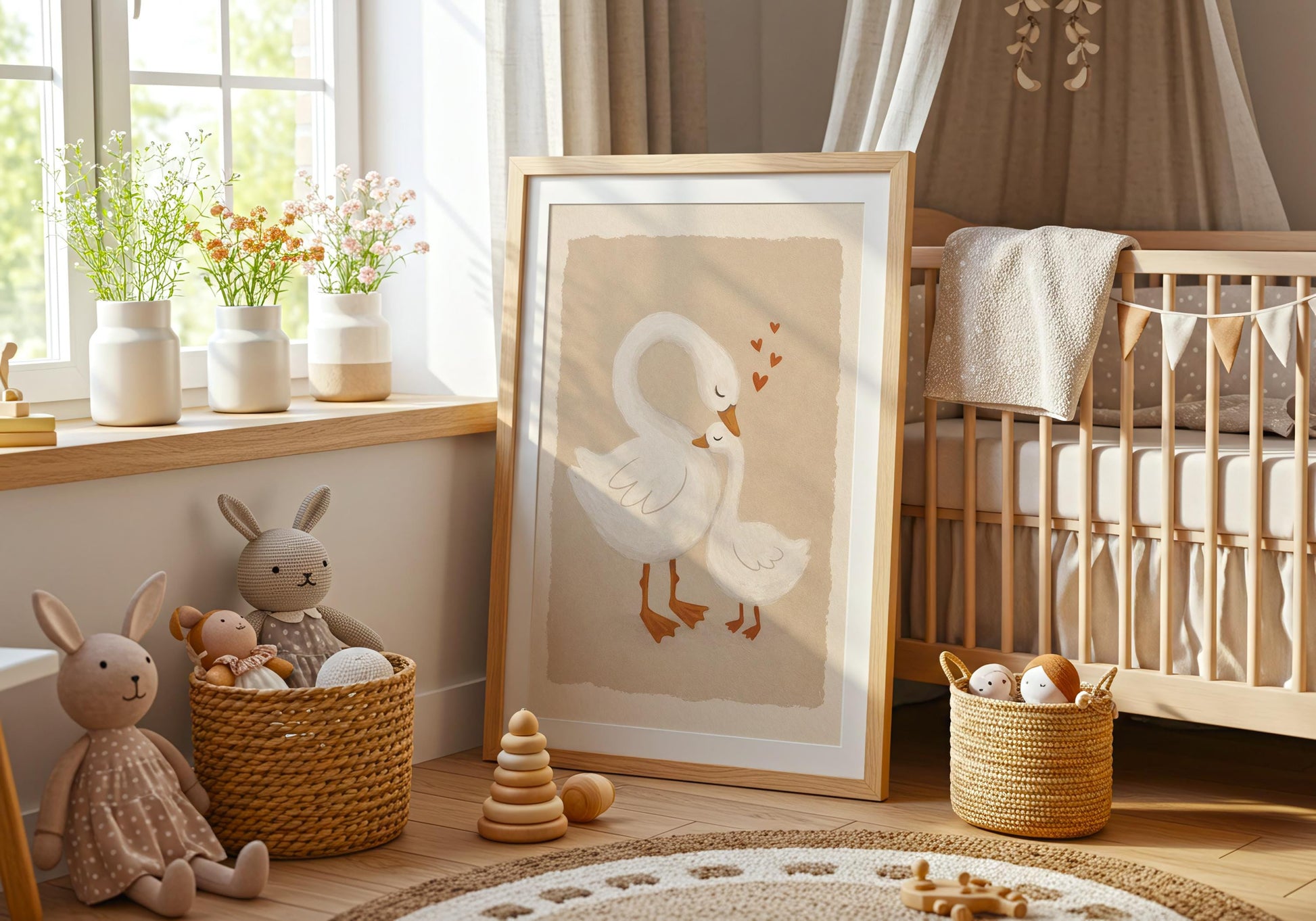 Mama and Baby Swan Nursery Print - Boho Nursery Wall Art, Baby Shower Gift for girl or boy