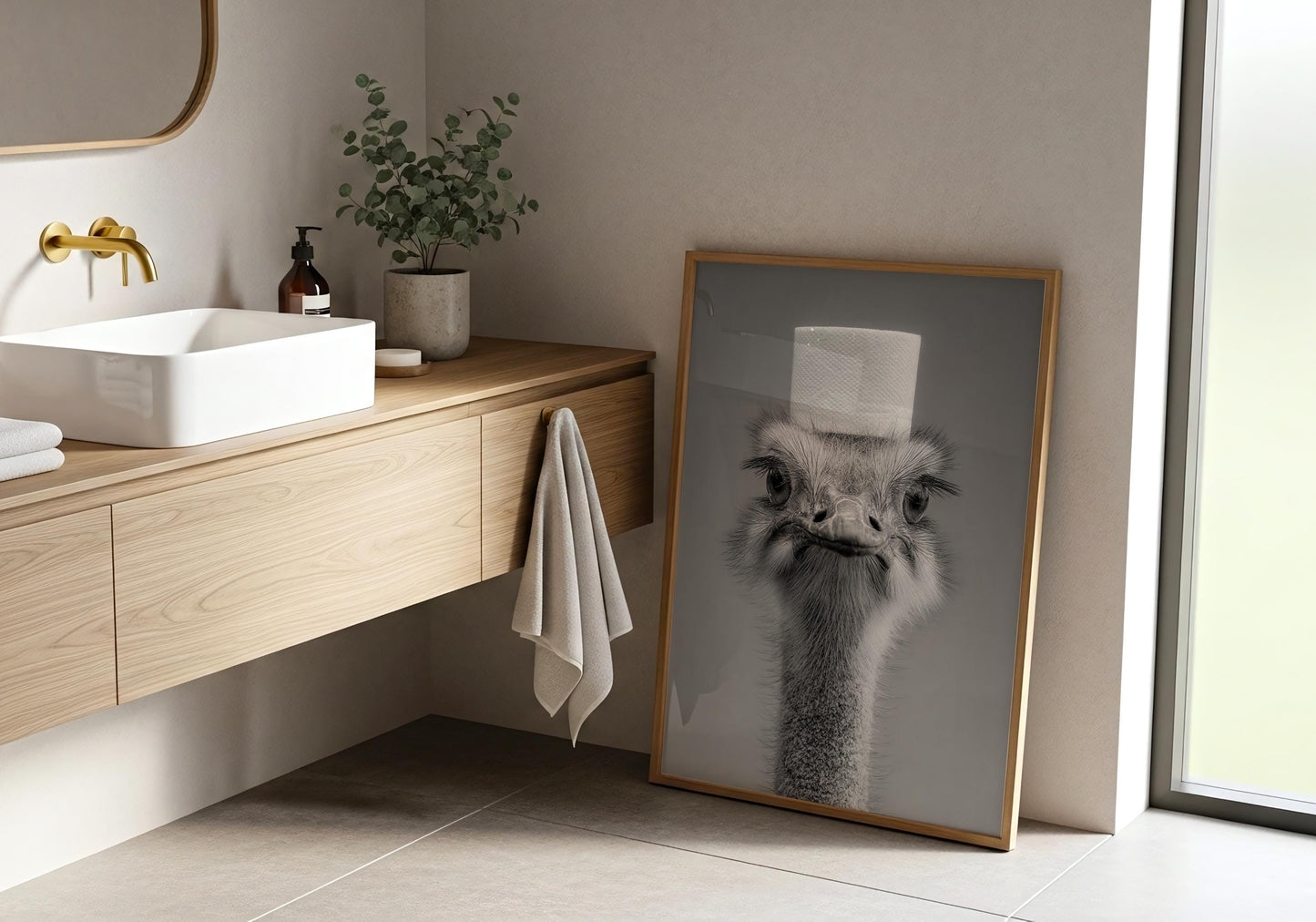 Ostrich Bathroom Print - Funny Animal Toilet Wall Art, Black White Bathroom Decor, Quirky Ostrich Poster