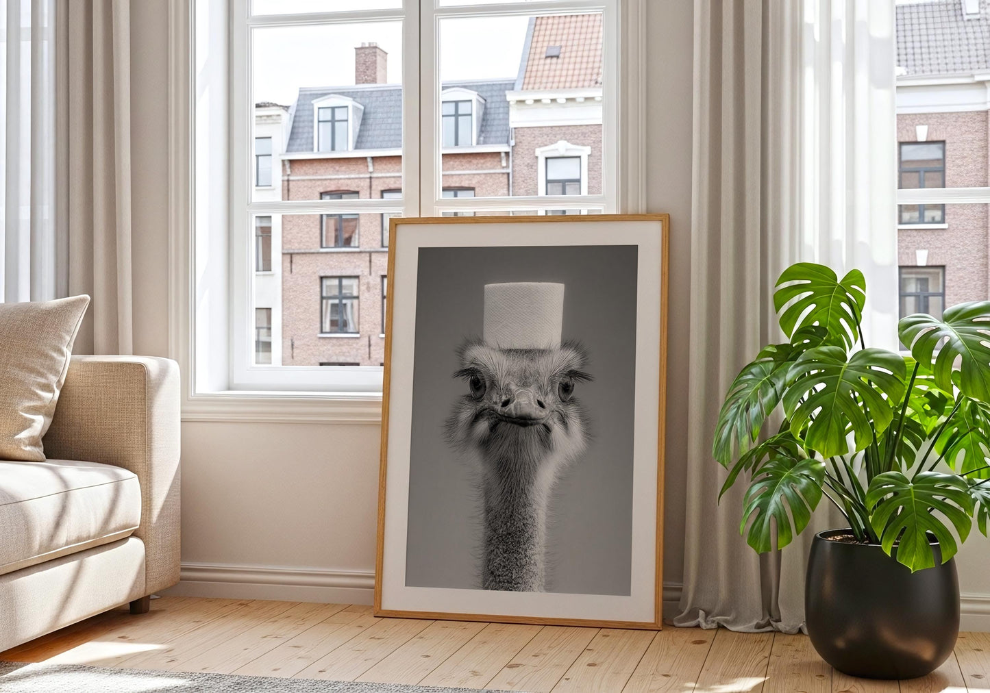 Ostrich Bathroom Print - Funny Animal Toilet Wall Art, Black White Bathroom Decor, Quirky Ostrich Poster