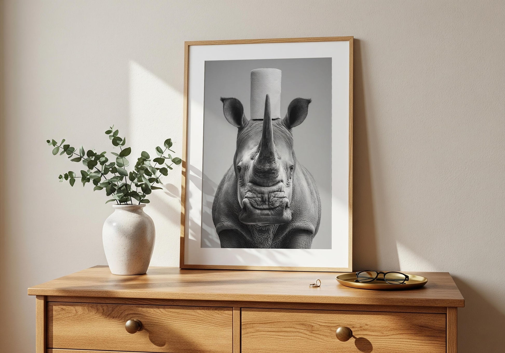 Rhino Bathroom Print - Funny Animal Toilet Wall Art, Black White Safari Bathroom Decor, Quirky Rhino Poster