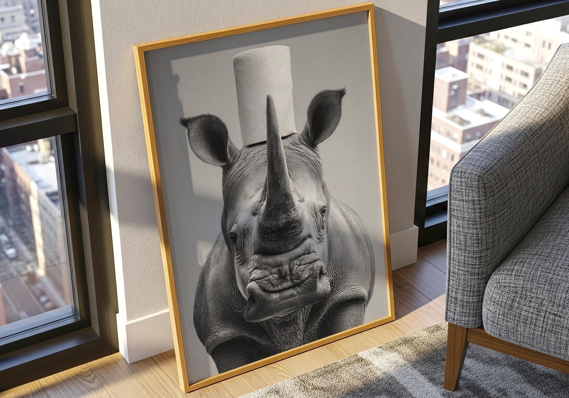 Rhino Bathroom Print - Funny Animal Toilet Wall Art, Black White Safari Bathroom Decor, Quirky Rhino Poster