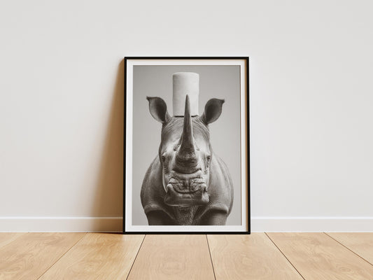 Funny rhino bathroom print with toilet paper roll on head black and white wall art